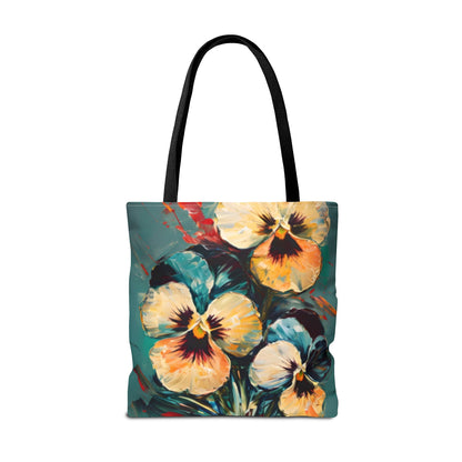 Golden Pansy Canvas Tote Bag (16x16 & 18x18) - Floral Design with Deep Teal Background, Eco-Friendly Shopping Bag