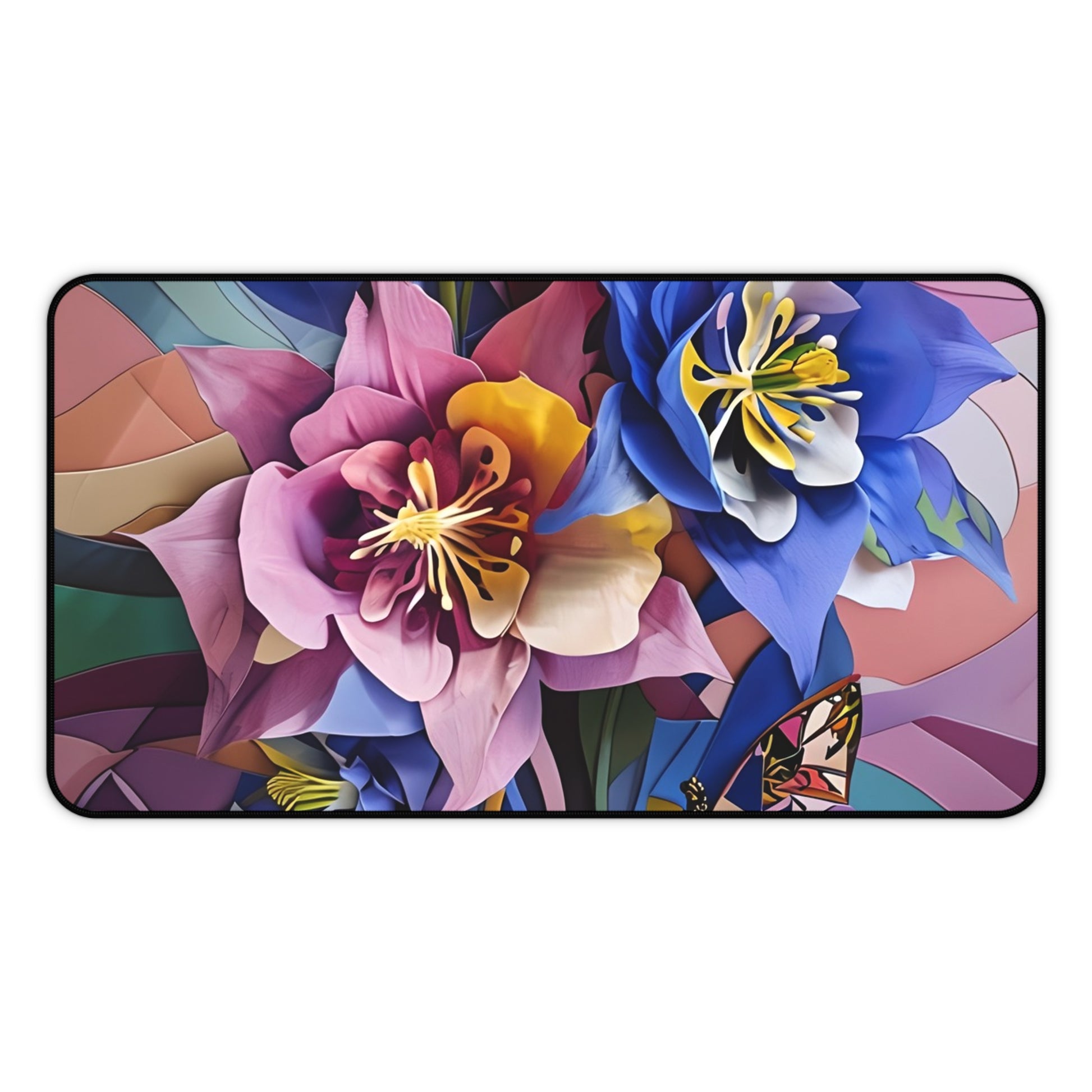 Blue Columbine Carnivale desk mat featuring vibrant blue columbine flowers and butterfly artwork