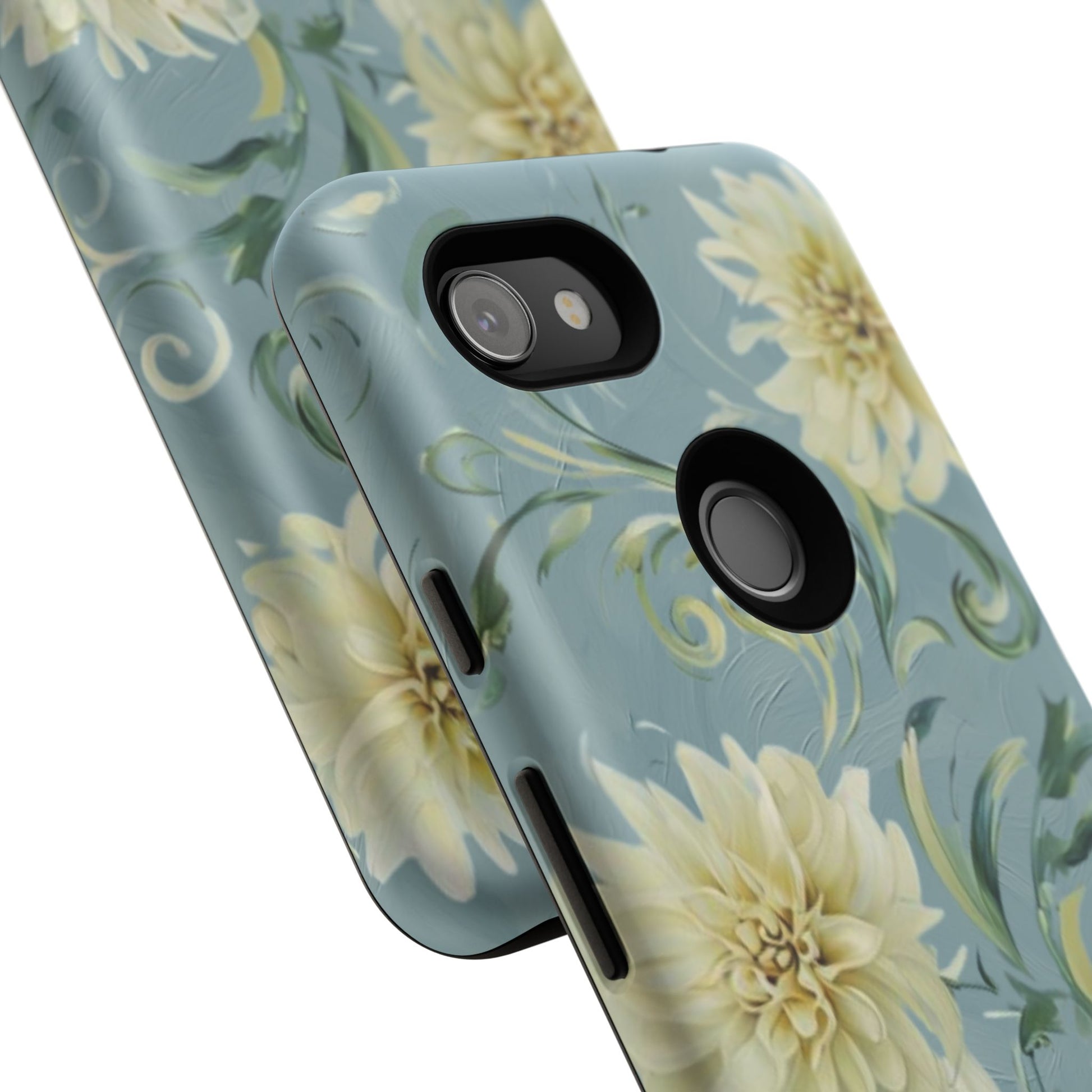 Golden Dahlia Trio - Elegant Floral Google Pixel 3a Tough Phone Case - Artistic White & Blue Dahlia Design