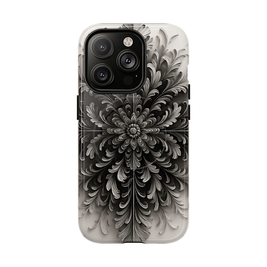Obsidian Bloom - Elegant Black & White iPhone 14 Pro MagSafe Phone Case - Intricate Mandala Flower Design