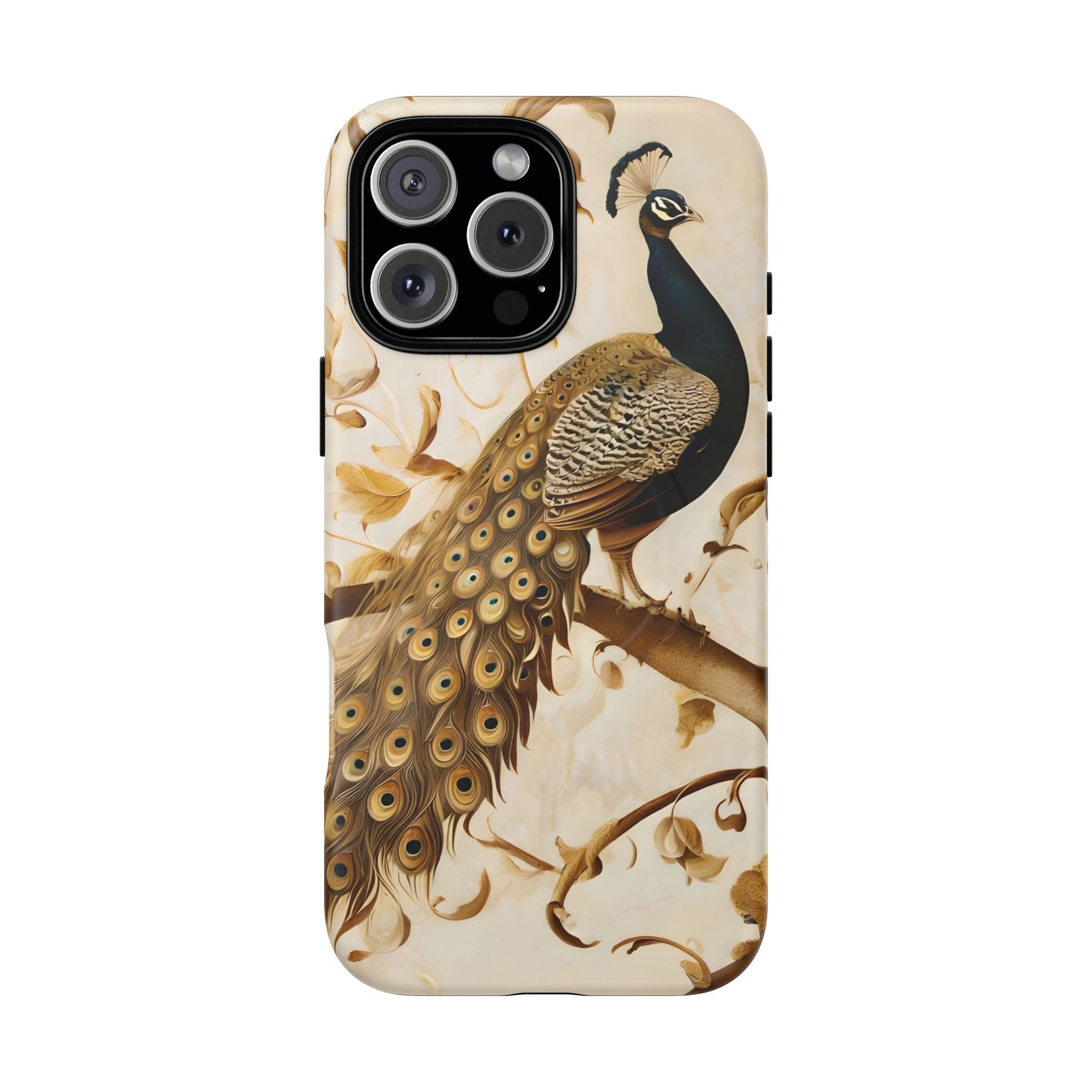 Golden Plumage - Luxe Peacock Art iPhone 16 Pro Max Phone Case - MagSafe Compatible - Elegant Gold & Cream Design