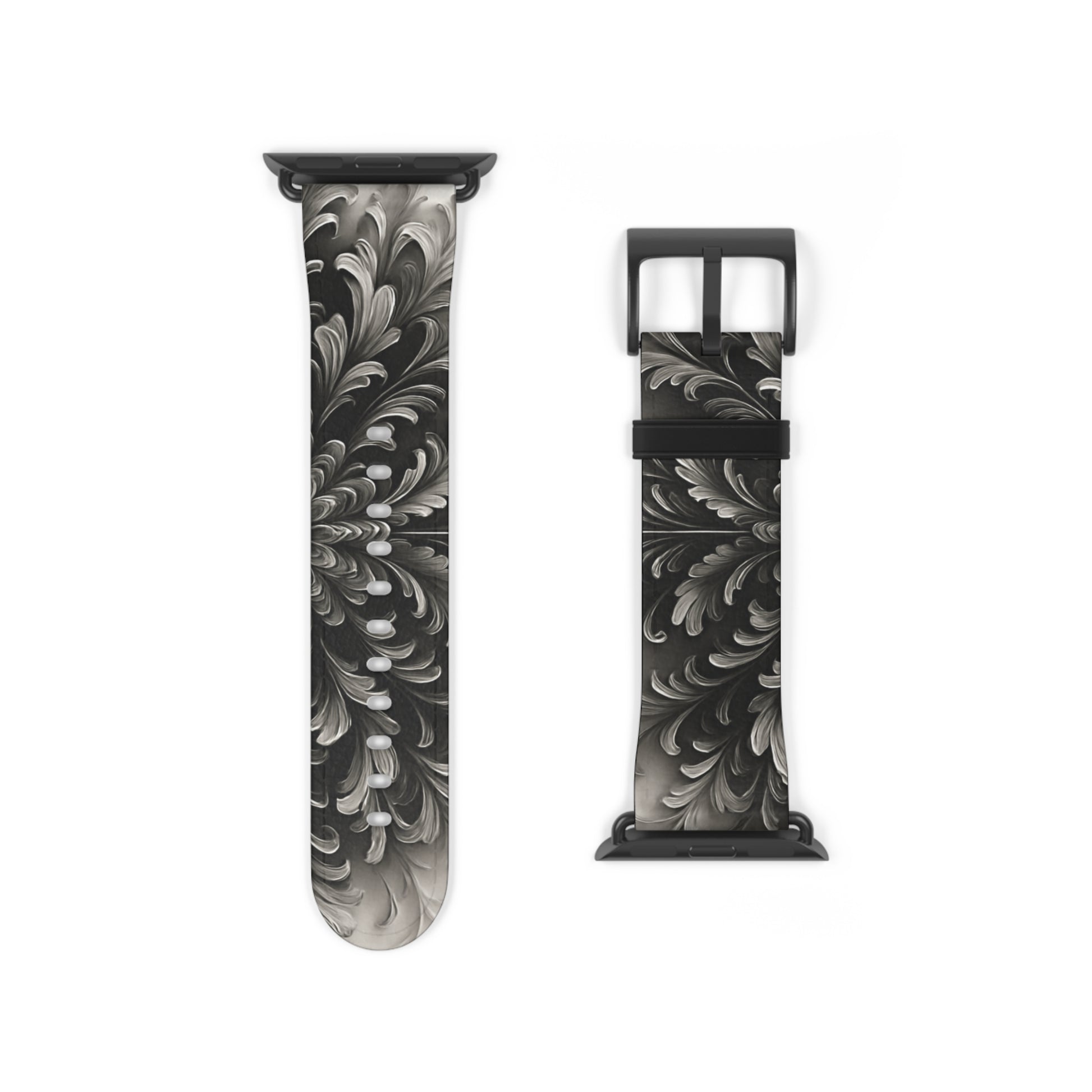 Obsidian Bloom Apple Watch band floral mandala design shown with black clasp