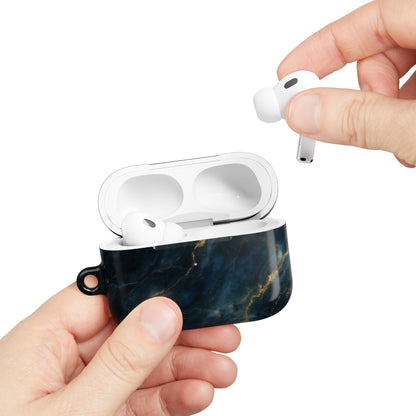 Hand placing AirPods into Midnight Marble AirPods case with dark marble vein design