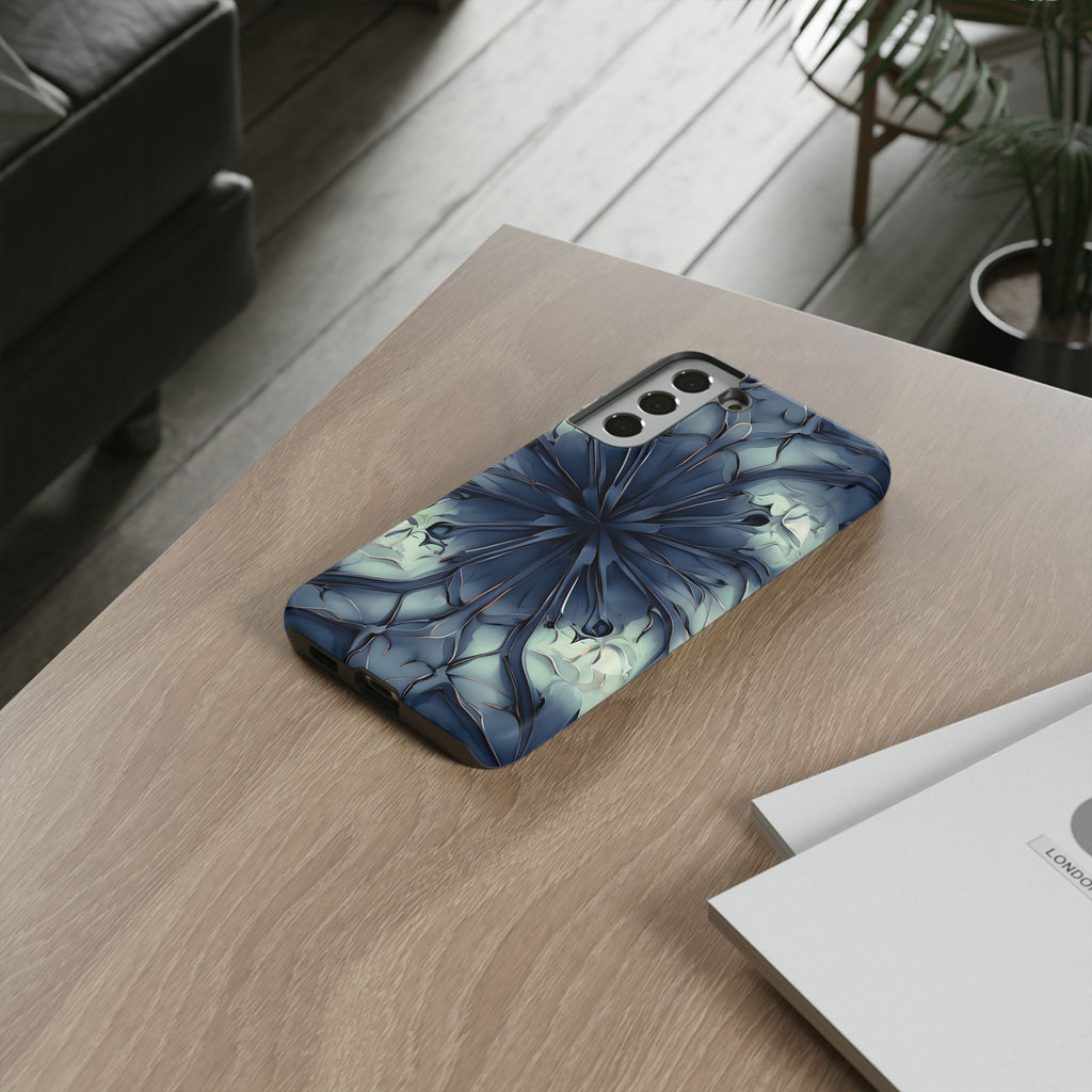 Indigo Mosaic - Artistic Kaleidoscope Collection Artistic Floral - Samsung Galaxy S22 Plus Tough Phone Case - Bold Blue Symmetrical Design