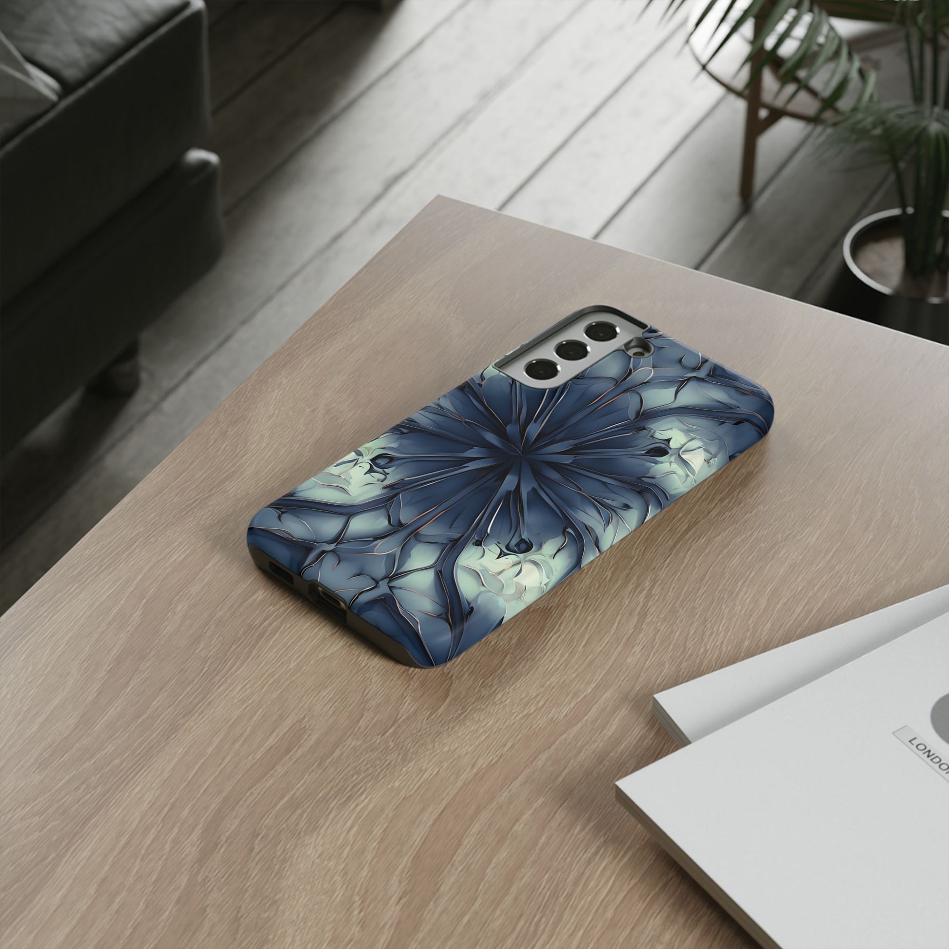 Indigo Mosaic - Artistic Kaleidoscope Collection Artistic Floral - Samsung Galaxy S22 Plus Tough Phone Case - Bold Blue Symmetrical Design