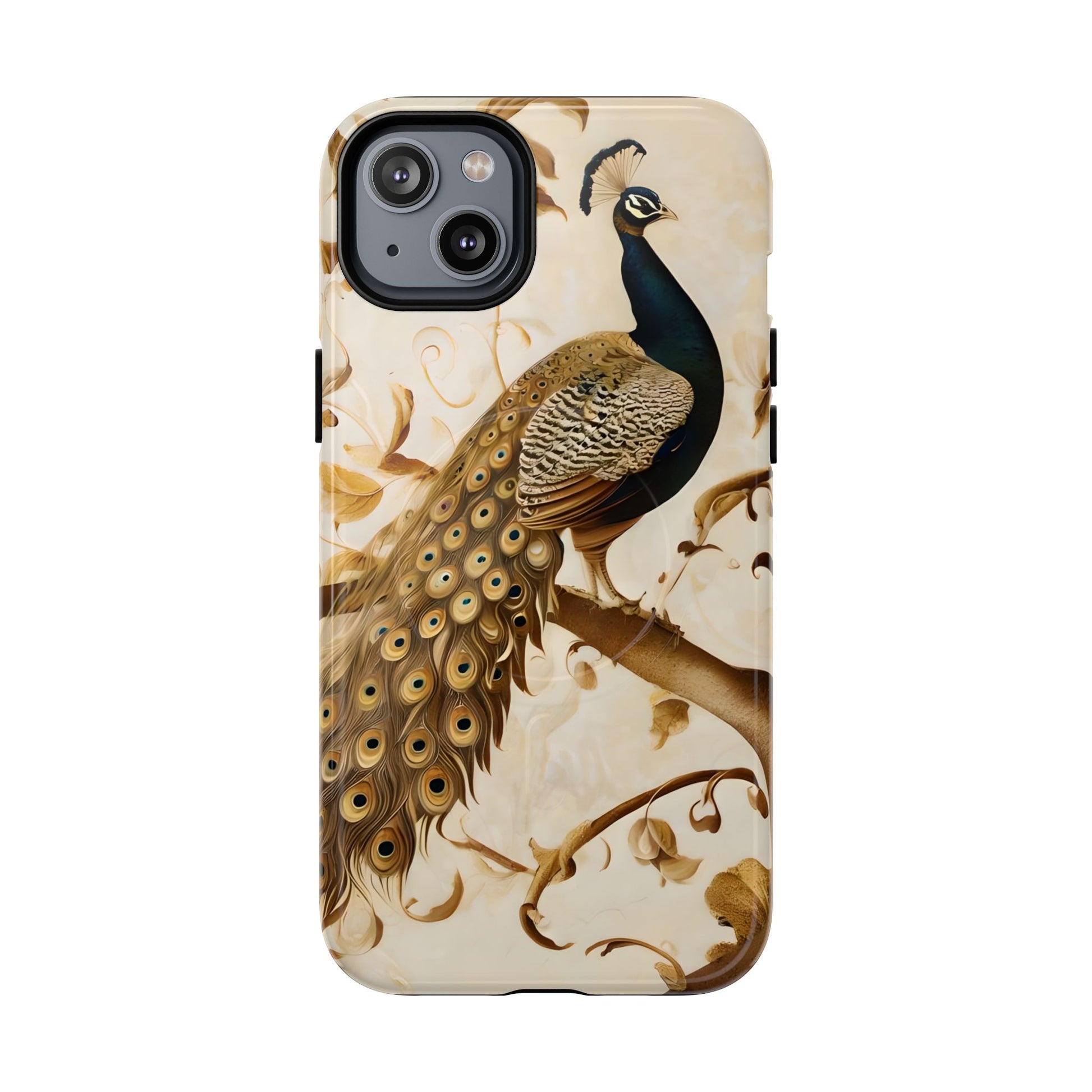 Golden Plumage - Luxe Peacock Art iPhone 14 Plus Phone Case - MagSafe Compatible - Elegant Gold & Cream Design