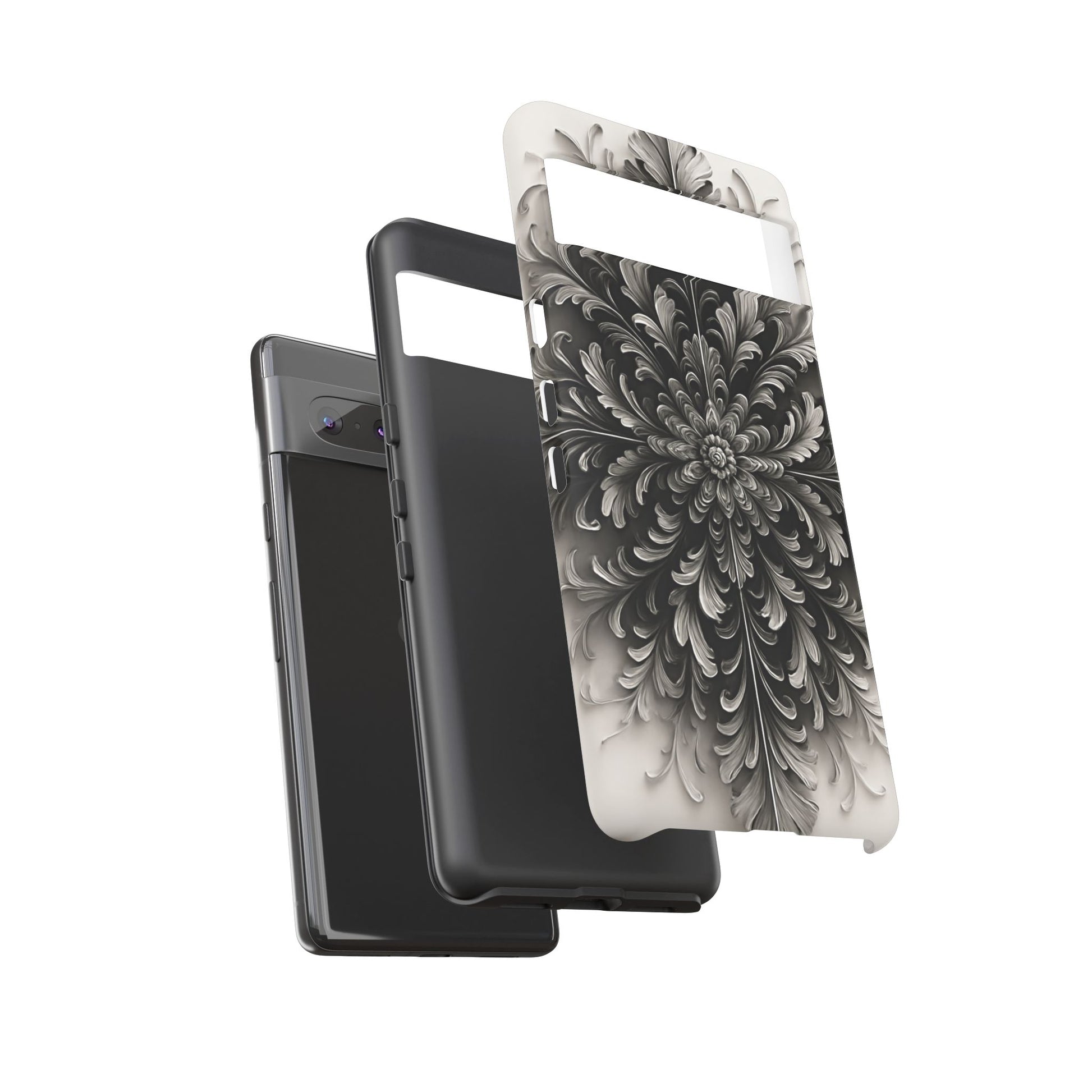 Obsidian Bloom - Elegant Black & White Google Pixel 7 Phone Case - Intricate Mandala Flower Design