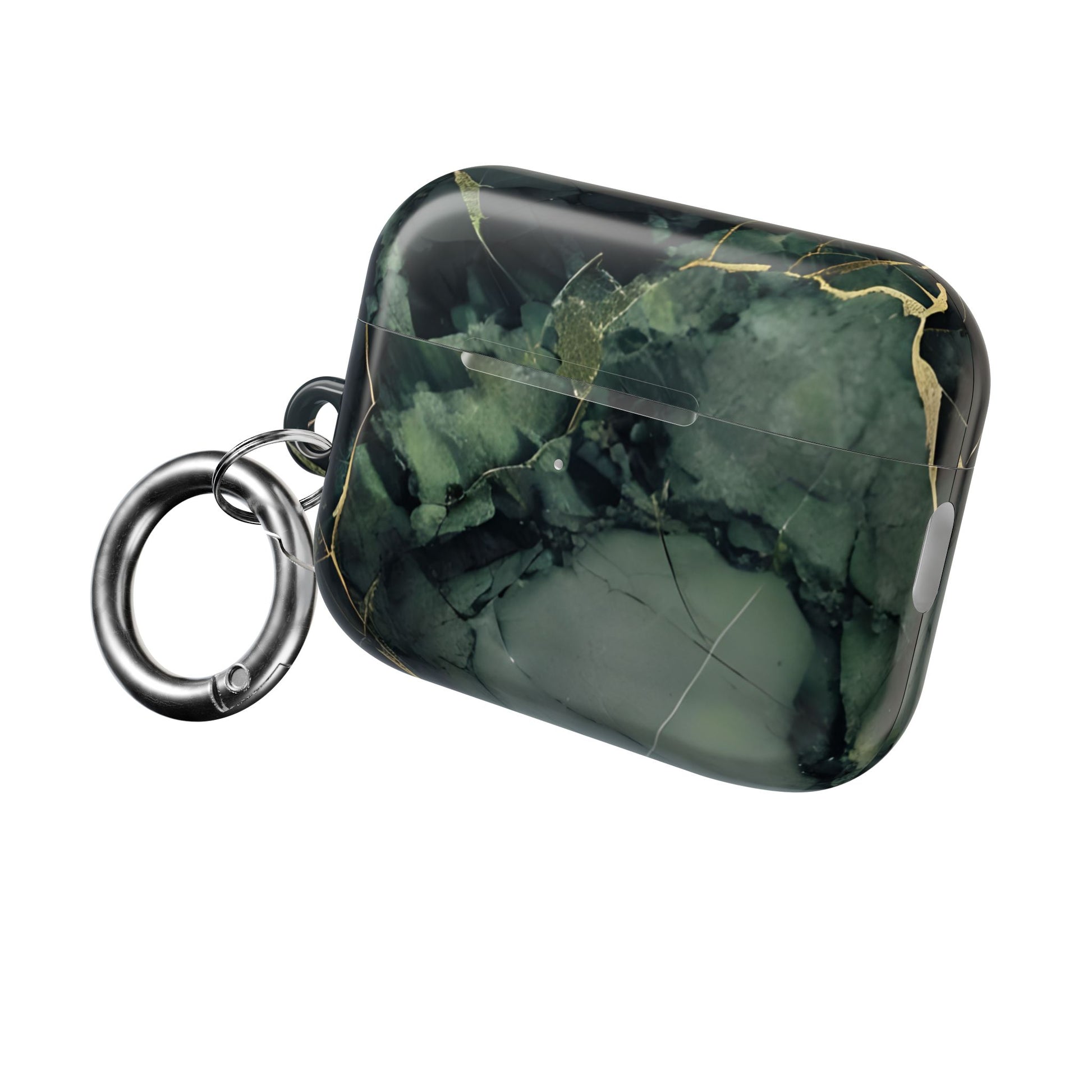 Verdant Vein AirPods protective case with green marble design and attached carabiner clip