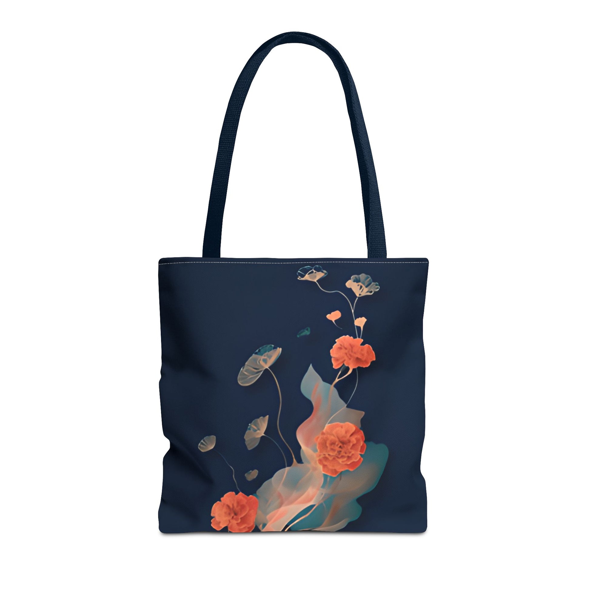 Lotus Reverie canvas tote bag featuring elegant lotus flower artwork on deep navy background with navy handles