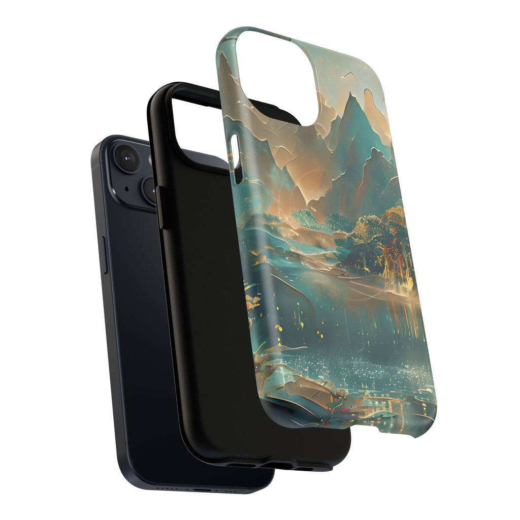 Misty Horizon - Serene Landscape Art iPhone 14 MagSafe Phone Case - Tranquil Mountain & Lake Design