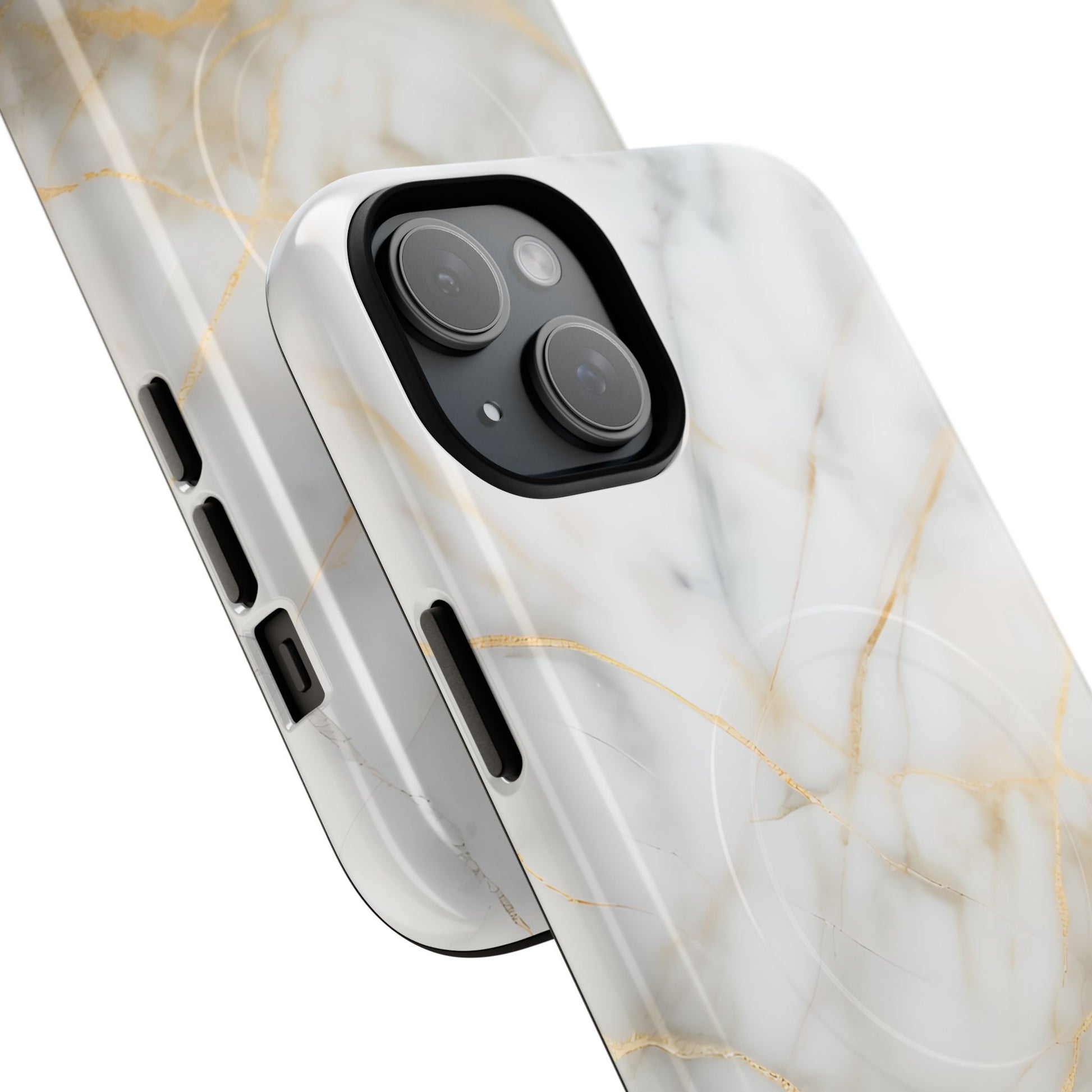 Golden Vein iPhone 15 Plus MagSafe Phone Case -White Neutral Marble Design