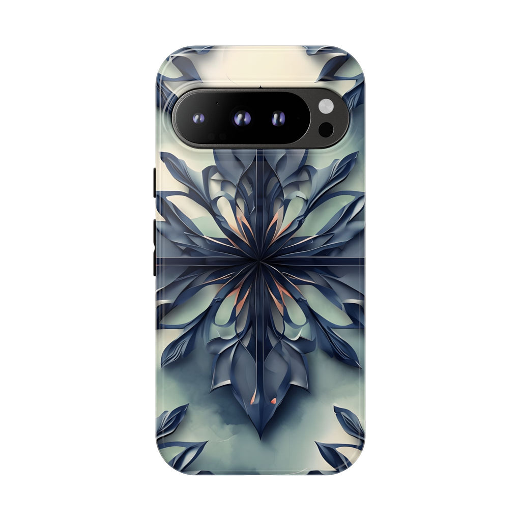 Frosted Indigo Bloom - Artistic Kaleidoscope Collection Artistic Floral - Google Pixel 9 Pro Tough Phone Case - Blue Symmetrical Design