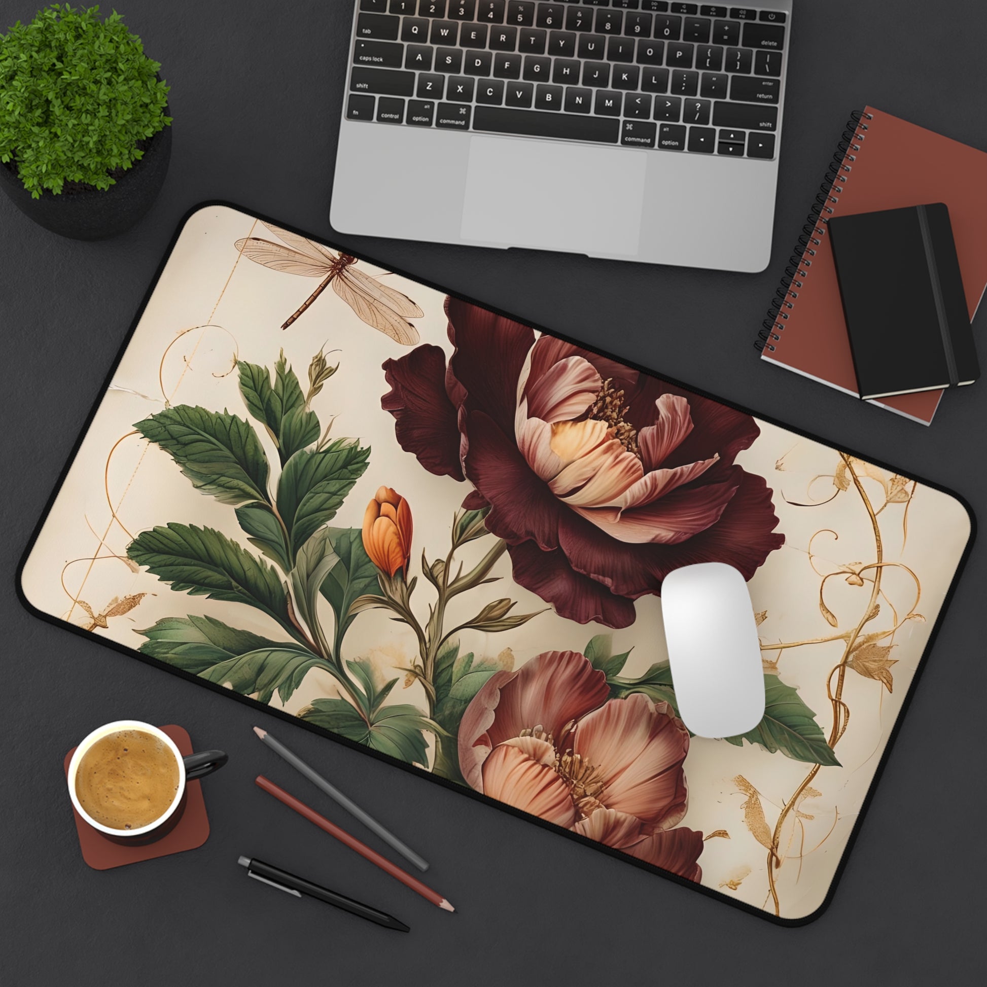 Vintage Burgundy Rose Designer Desk Mat - Premium Office Desk Pad, 3 Sizes Available, Artistic Workspace Protection