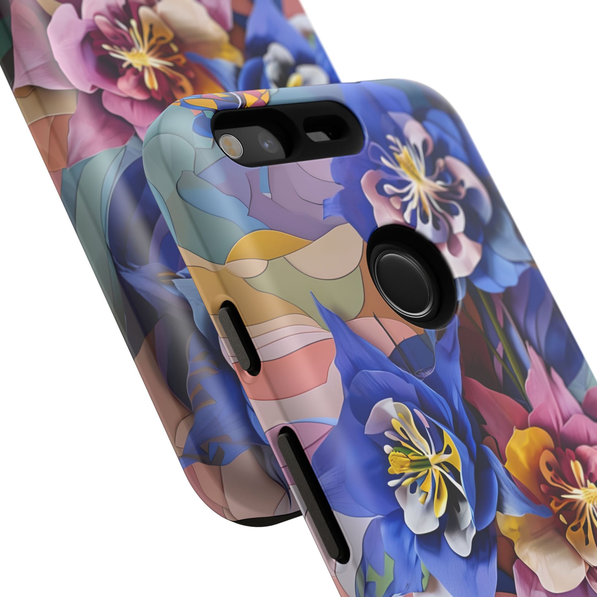 Blue Columbine Carnivale - Artistic Floral & Butterfly Google Pixel Tough Phone Case - Vibrant Botanical Design