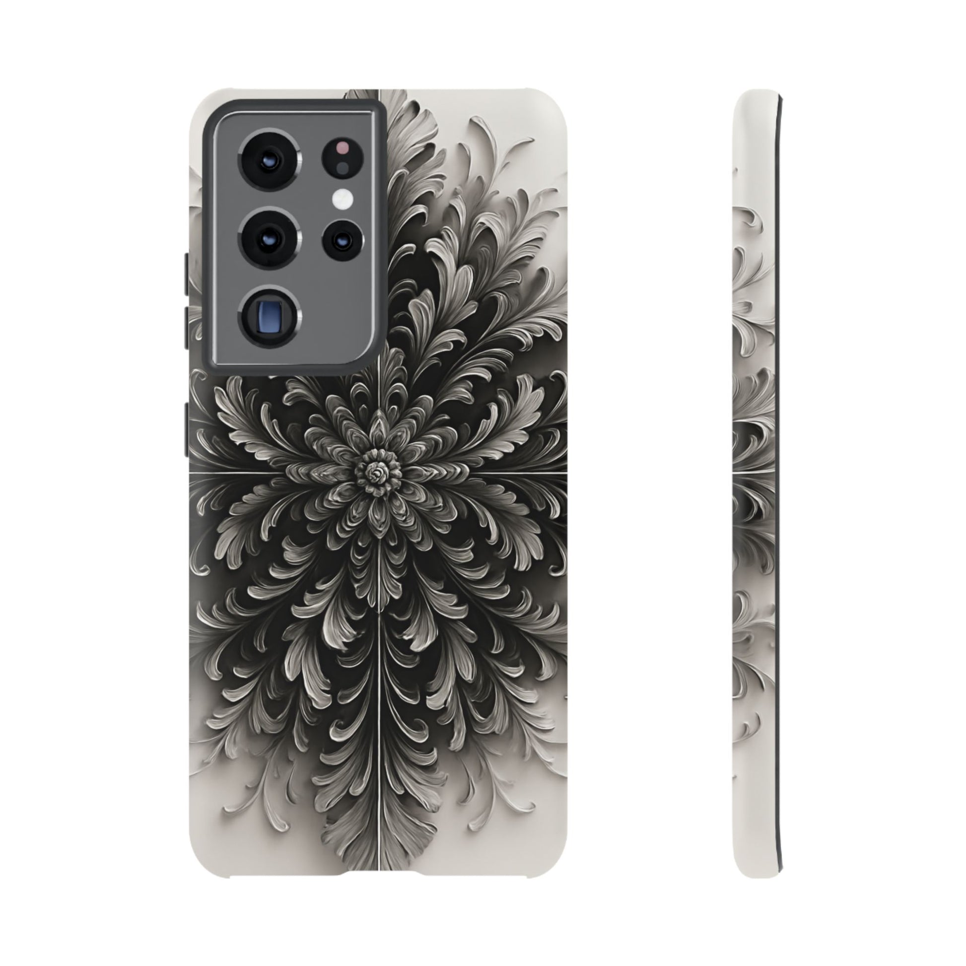 Obsidian Bloom - Elegant Black & White Samsung Galaxy S21 Ultra Tough Phone Case - Intricate Mandala Flower Design