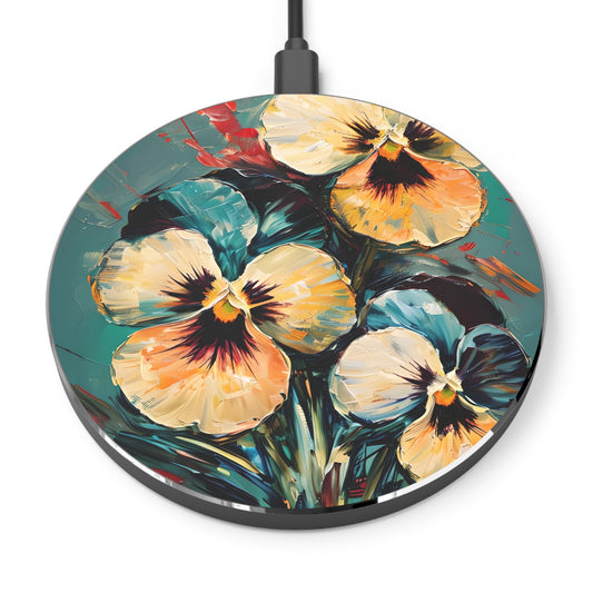 Golden Pansy Cascade floral art Qi wireless charger with yellow pansy flowers on teal background