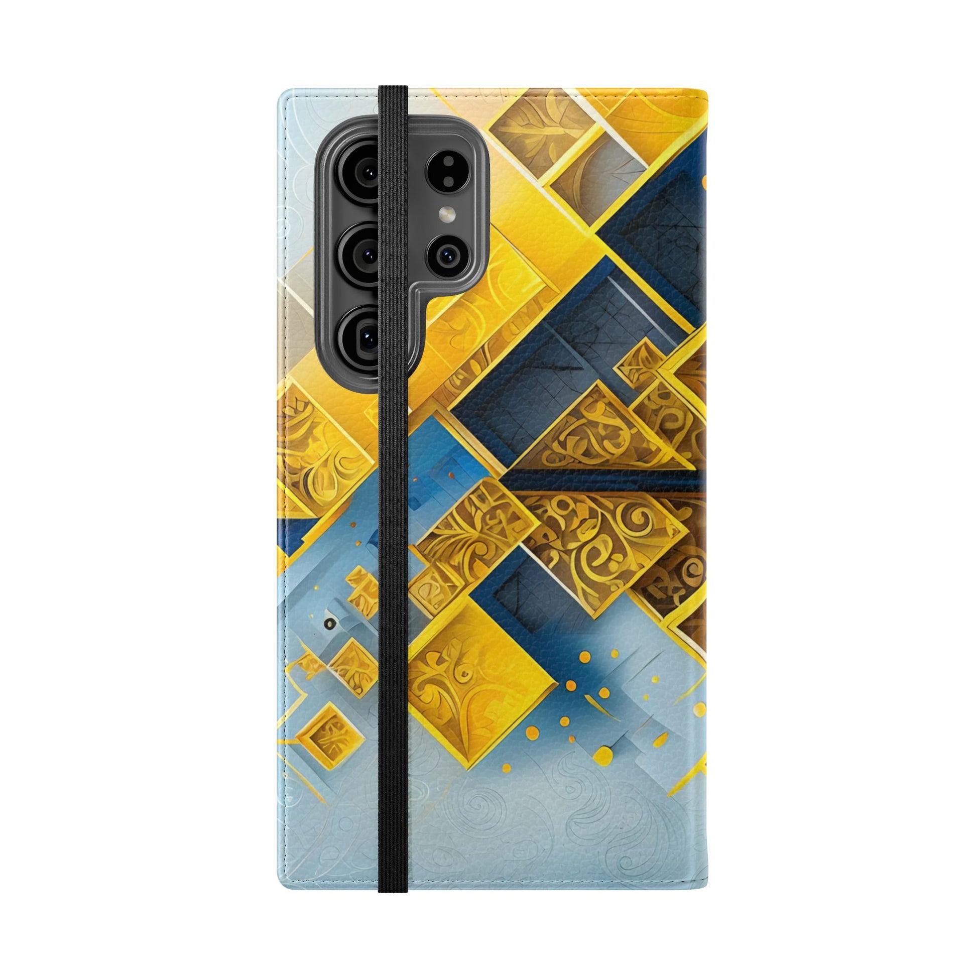 Golden Ascent Samsung Galaxy wallet flip phone case showing abstract gold geometric pattern on folio cover
