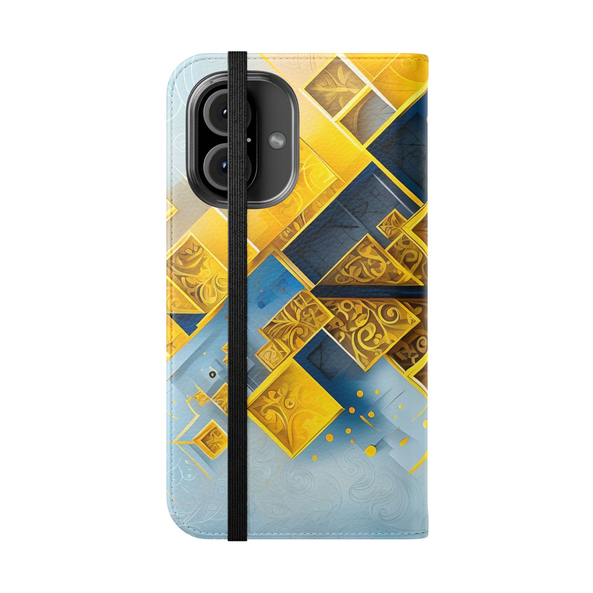 Golden Ascent Wallet Phone Case - Abstract Yellow & Blue Flip Cover for iPhone 16