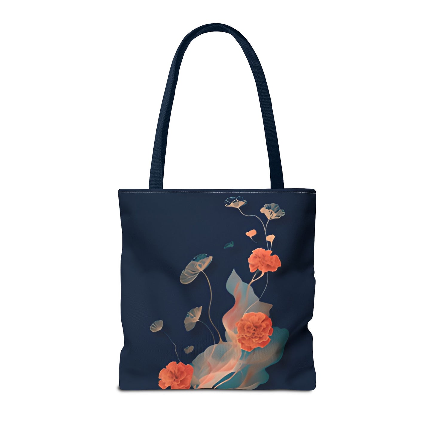 Lotus Reverie Tote Bag (16x16 & 18x18)- Deep Navy Canvas with Soft Coral Lotus and Leaf Motifs, Reusable & Eco-Friendly