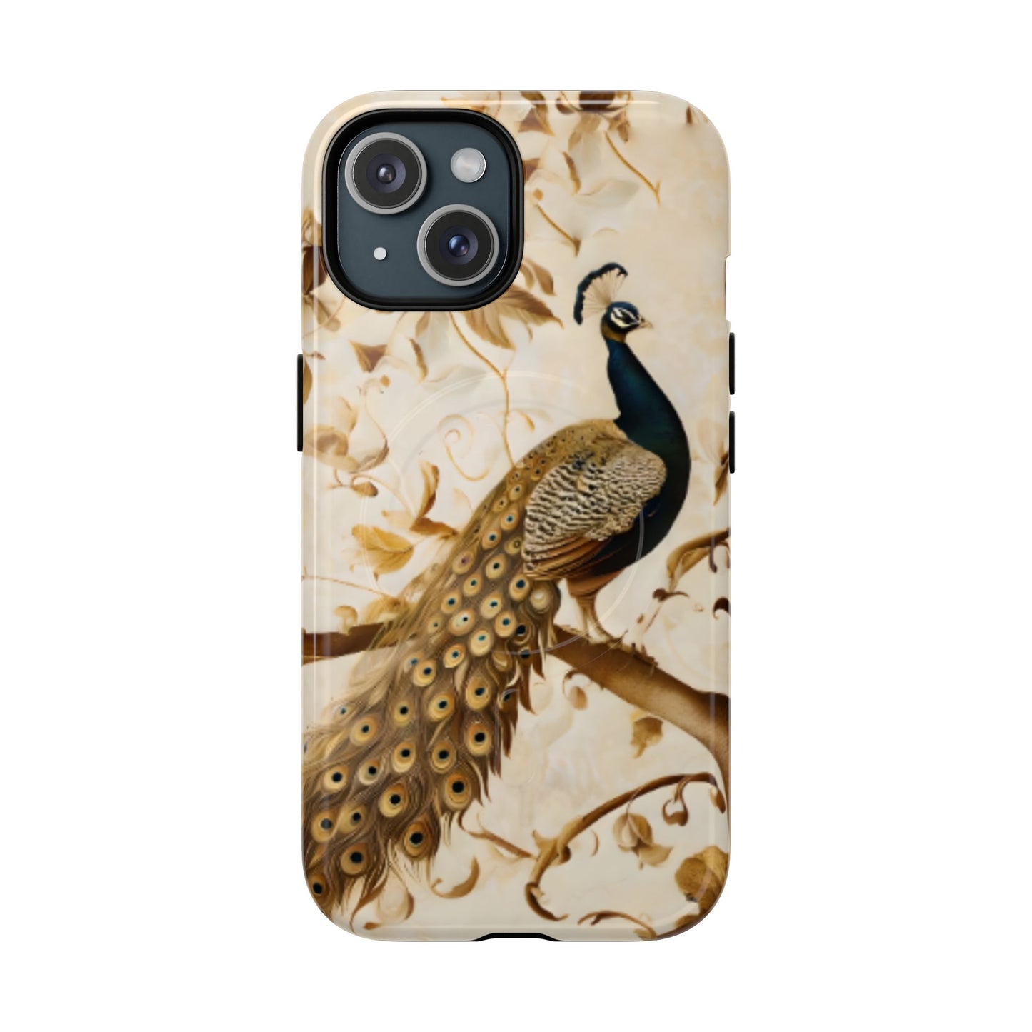 Golden Plumage iPhone MagSafe case with elegant golden peacock feather design