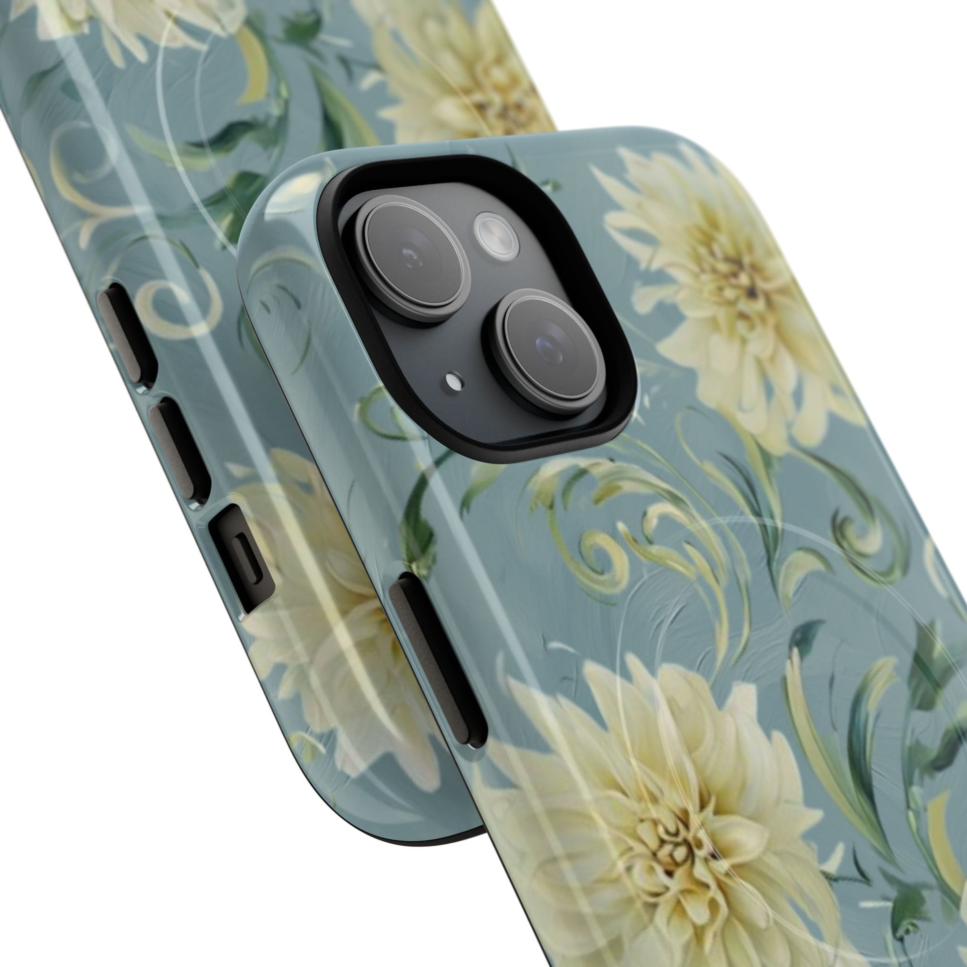 Golden Dahlia Trio - Elegant Floral iPhone 15 MagSafe Phone Case - Artistic White & Blue Dahlia Design