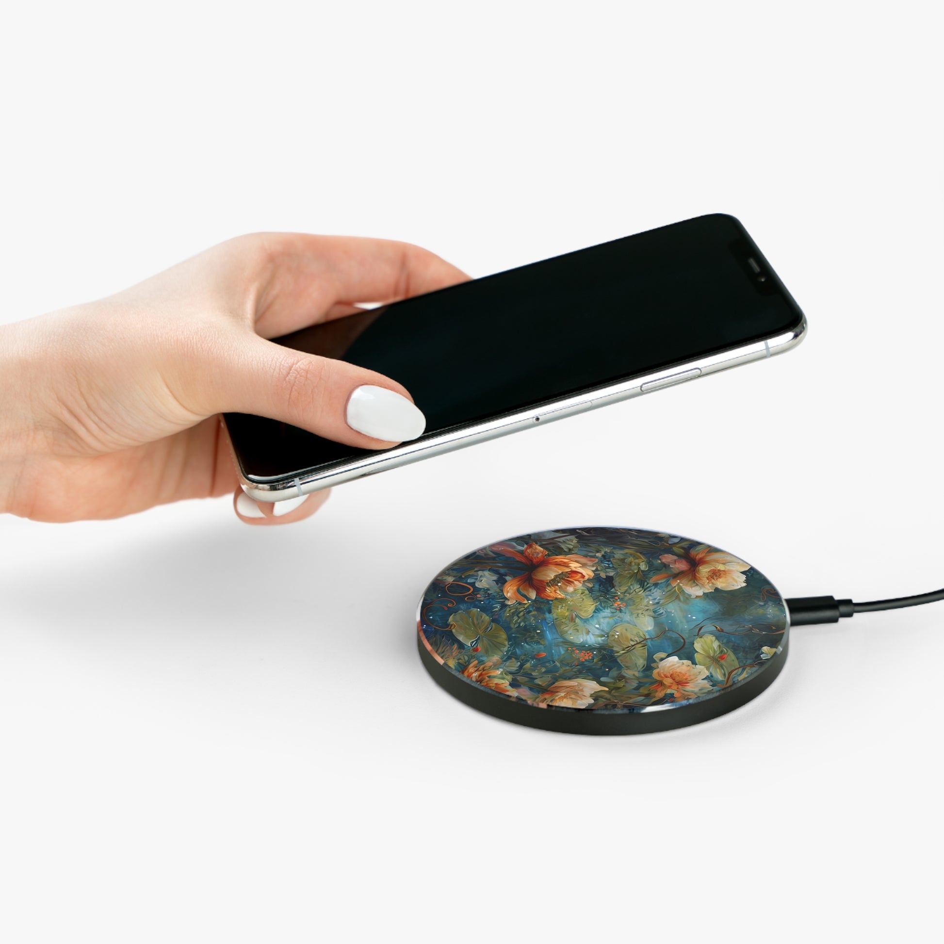 Hand placing smartphone on Waterlily Nocturne lily pond botanical art Qi wireless charger