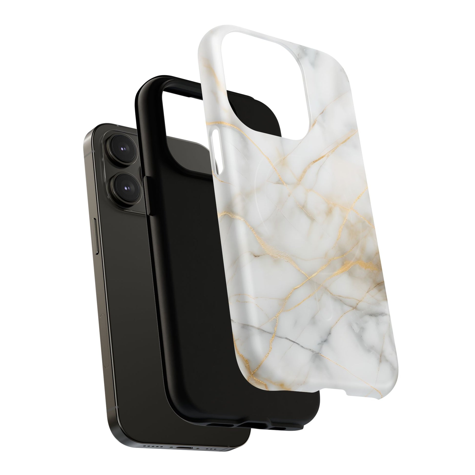 Golden Vein iPhone 14 Pro MagSafe Phone Case -White Neutral Marble Design
