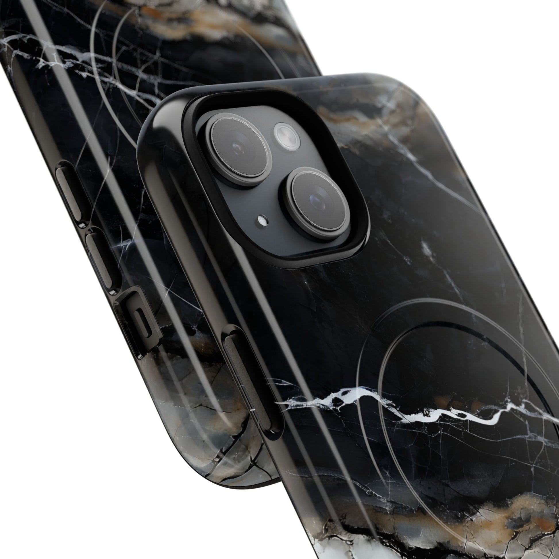 Obsidian Vein iPhone 15 MagSafe Phone Case -Black Neutral Marble Design