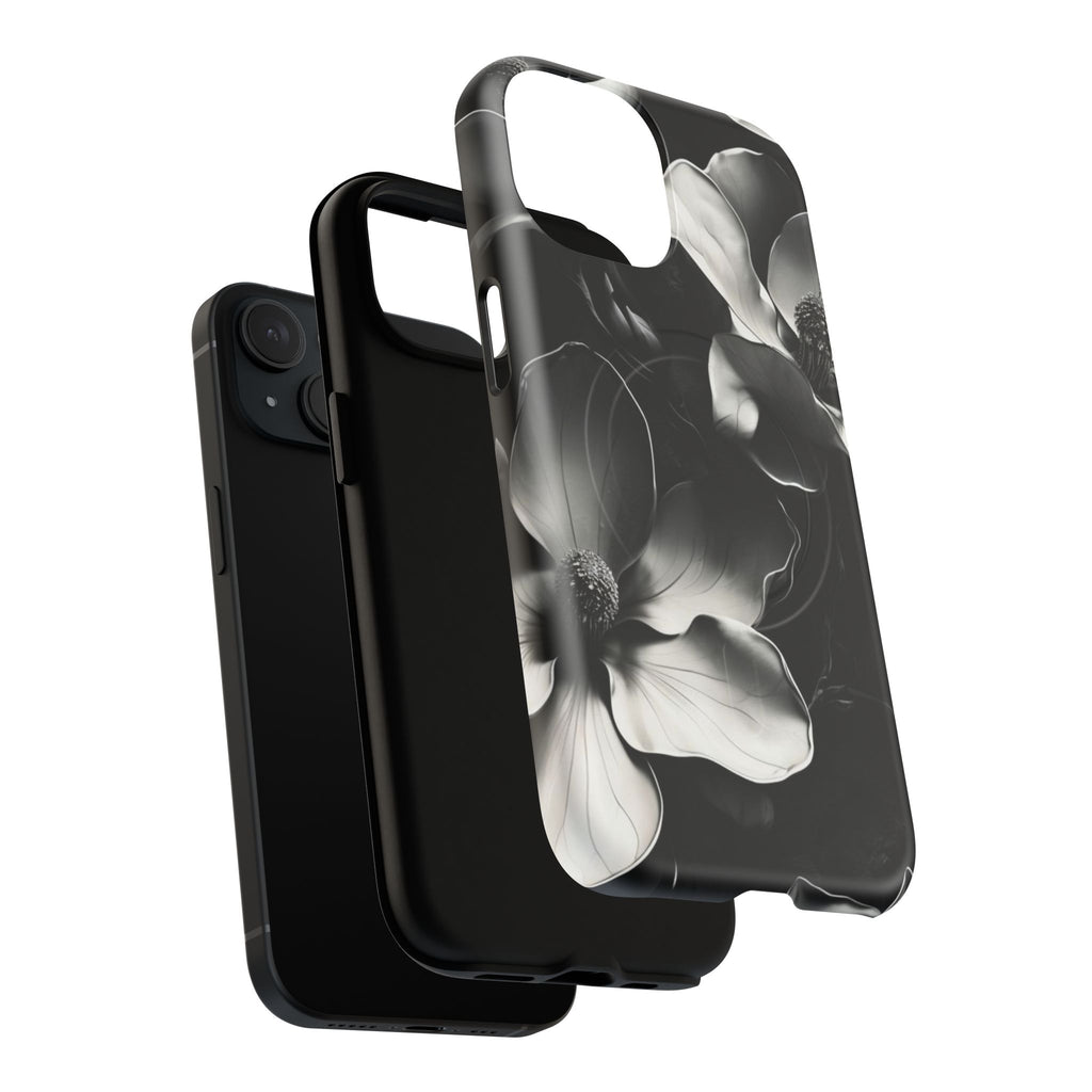 Monochrome Magnolia - Elegant Black & White Floral iPhone 15 MagSafe Phone Case - Artistic Magnolia Design