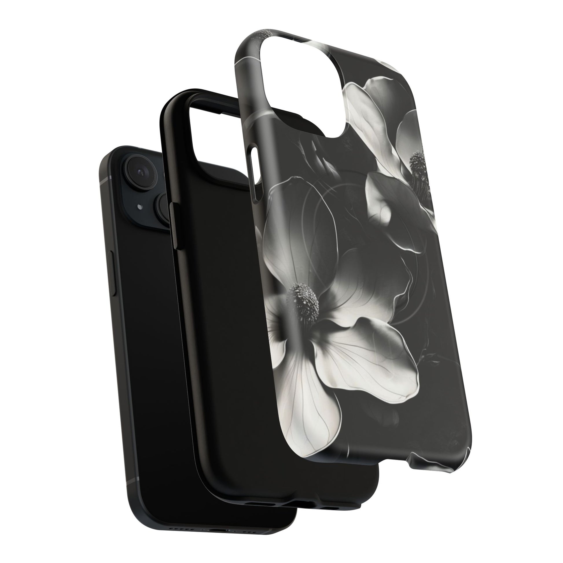 Monochrome Magnolia - Elegant Black & White Floral iPhone 15 MagSafe Phone Case - Artistic Magnolia Design