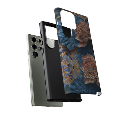 Peony Midnight Tapestry Samsung Galaxy dual layer tough case with detailed peonies and midnight blue damask design, side and back view
