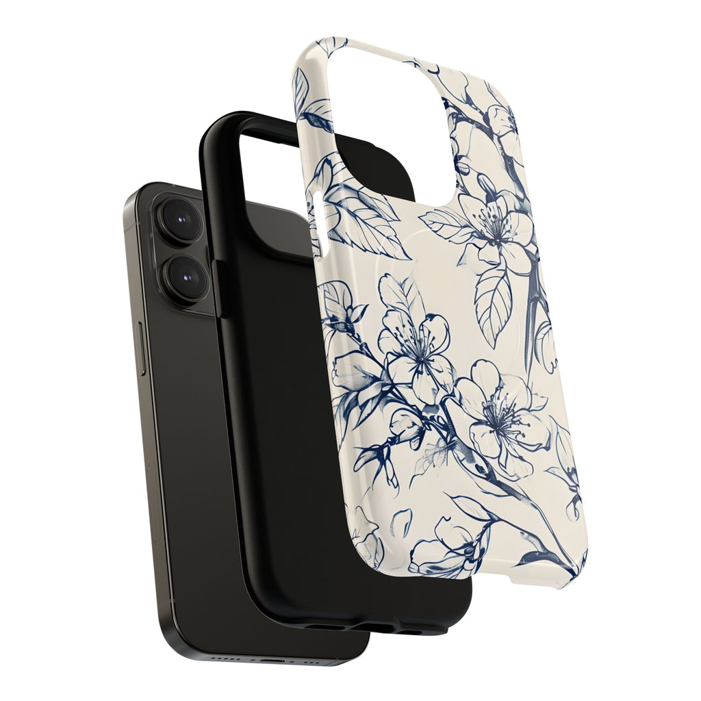 Blossom Sketch - Artistic Blue Floral - iPhone 14 Pro MagSafe Phone Case - Hand-Drawn Botanical Design