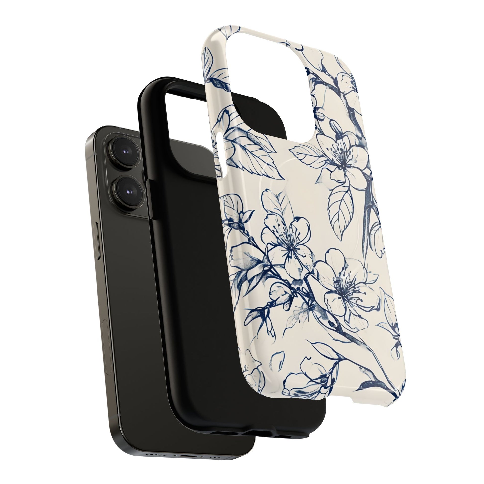 Blossom Sketch - Artistic Blue Floral - iPhone 14 Pro MagSafe Phone Case - Hand-Drawn Botanical Design