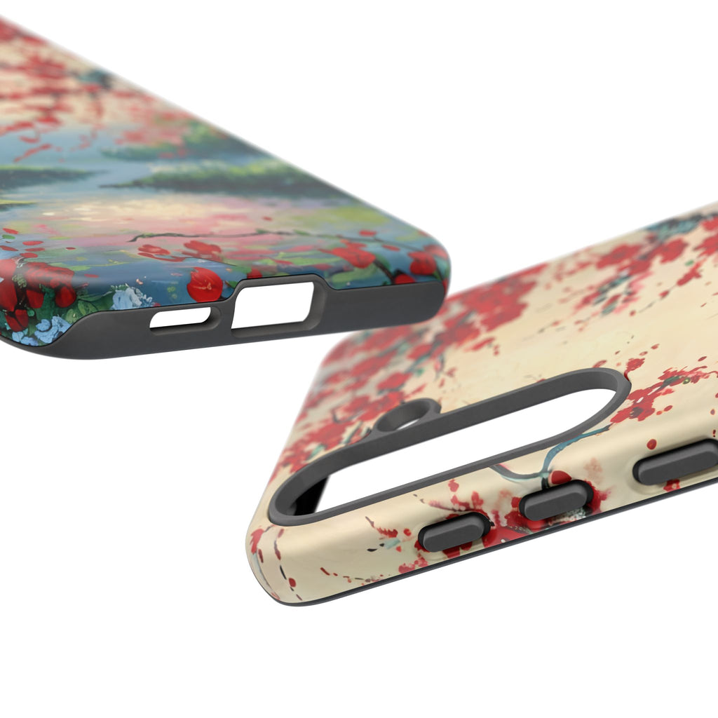 Crimson Blossom Lake - Artistic Floral Landscape Samsung Galaxy S25 Plus Tough Phone Case - Red Cherry Blossoms & Serene Lake Design