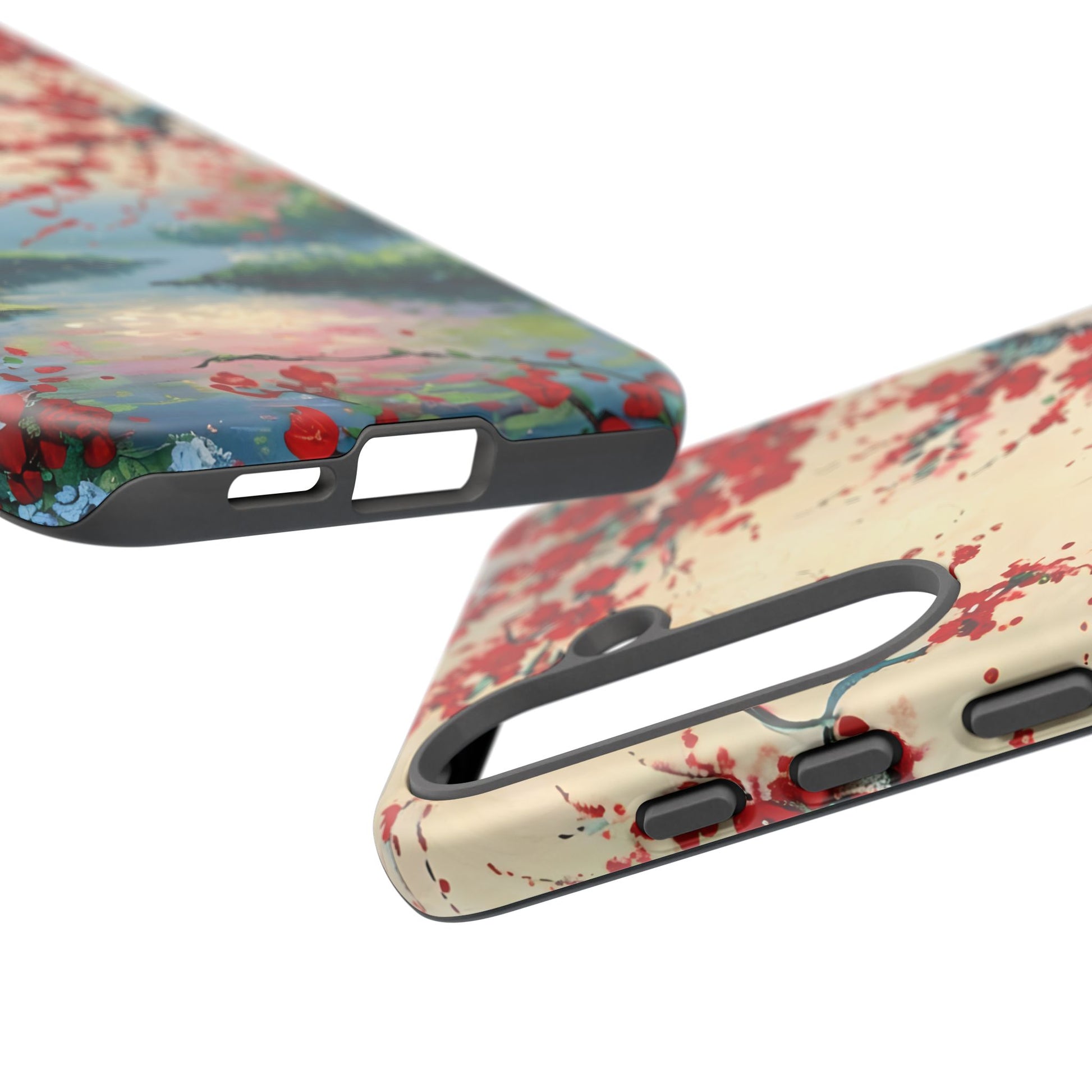 Crimson Blossom Lake - Artistic Floral Landscape Samsung Galaxy S25 Plus Tough Phone Case - Red Cherry Blossoms & Serene Lake Design