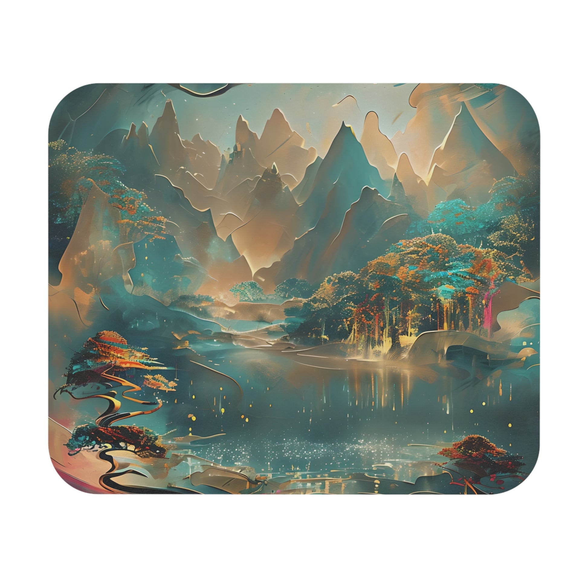 Misty Horizon mouse pad featuring dreamy teal and gold abstract landscape design