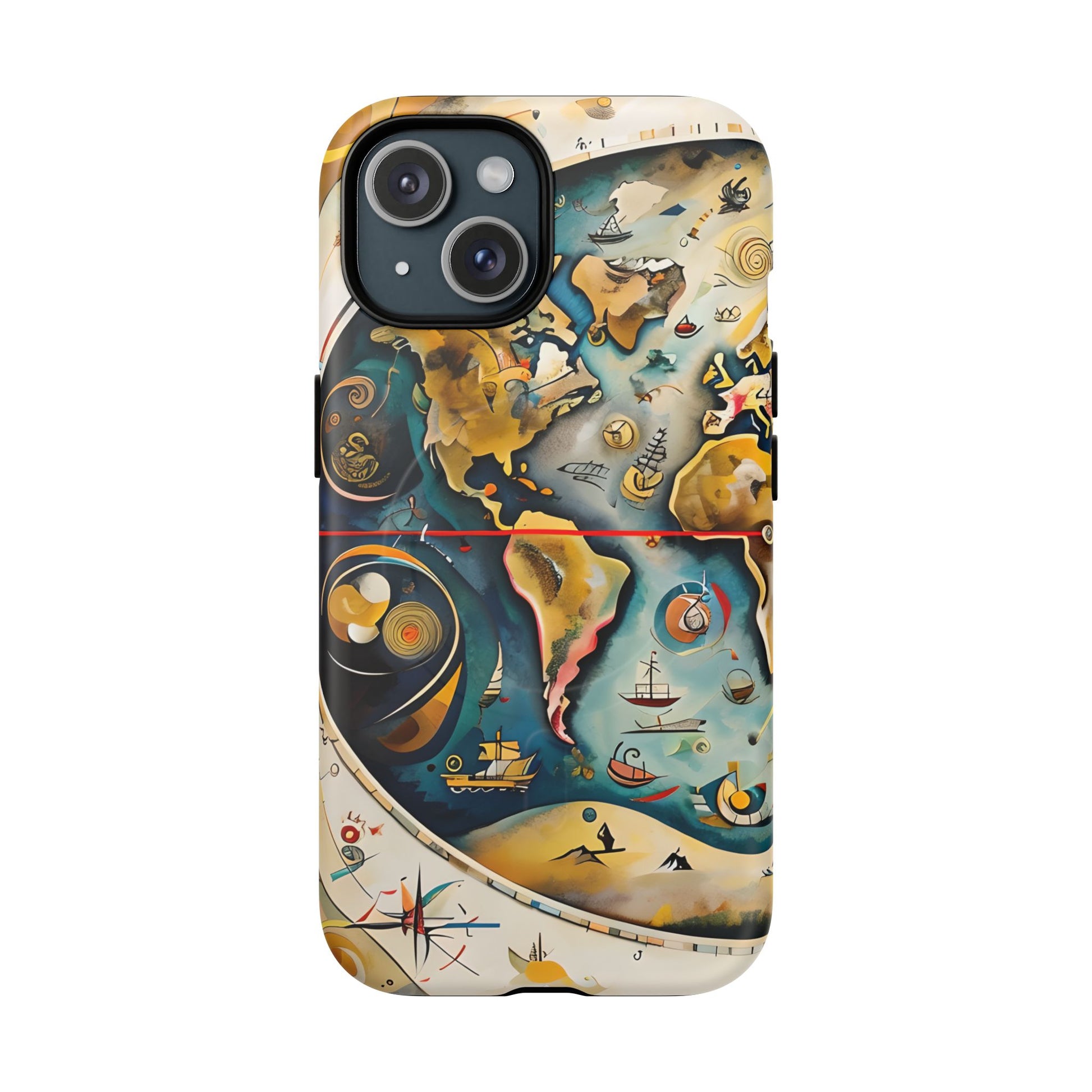 Celestial Map iPhone 15 MagSafe Phone Case -Vintage Nautical World Map, Artistic Blue & Gold
