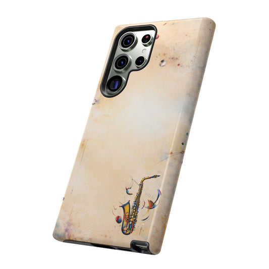 Brass Rhapsody Samsung Galaxy phone case angled view showing small brass instrument artwork on faded cream design