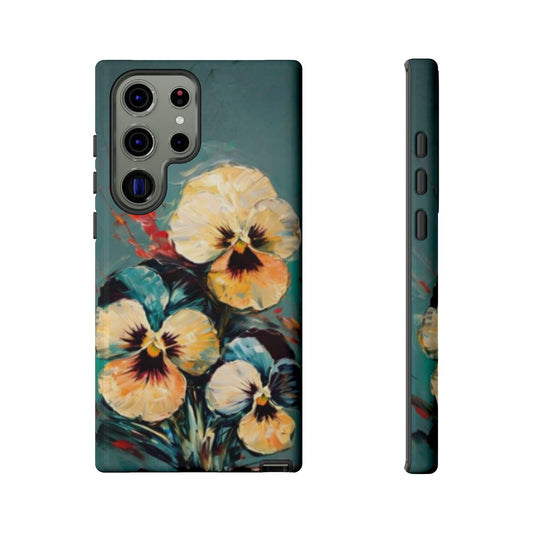 Golden Pansy Cascade pansy flowers on teal wraparound Samsung Galaxy phone case front and side view