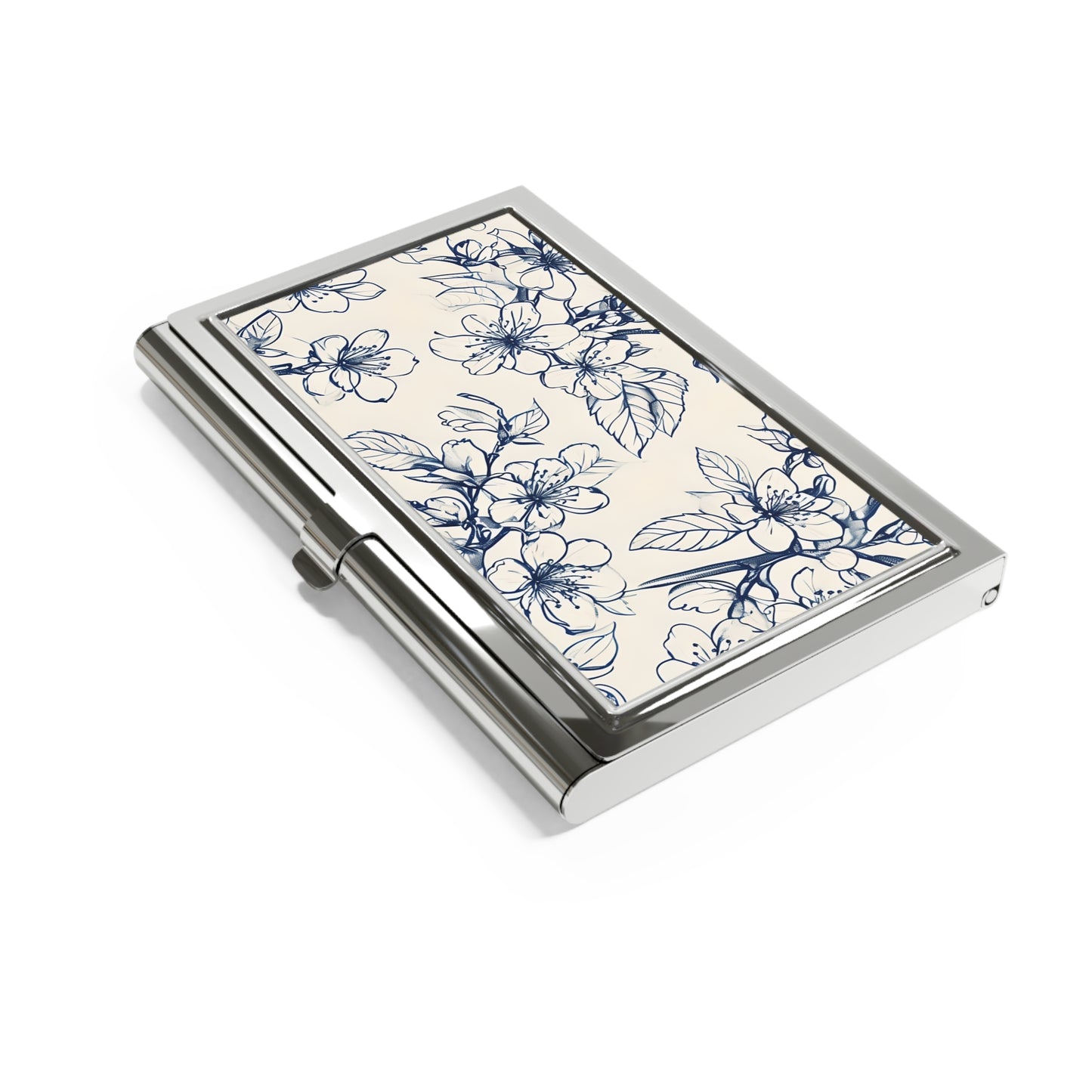 Blossom Sketch Business Card Holder - Elegant Navy Blue Floral on Cream Background