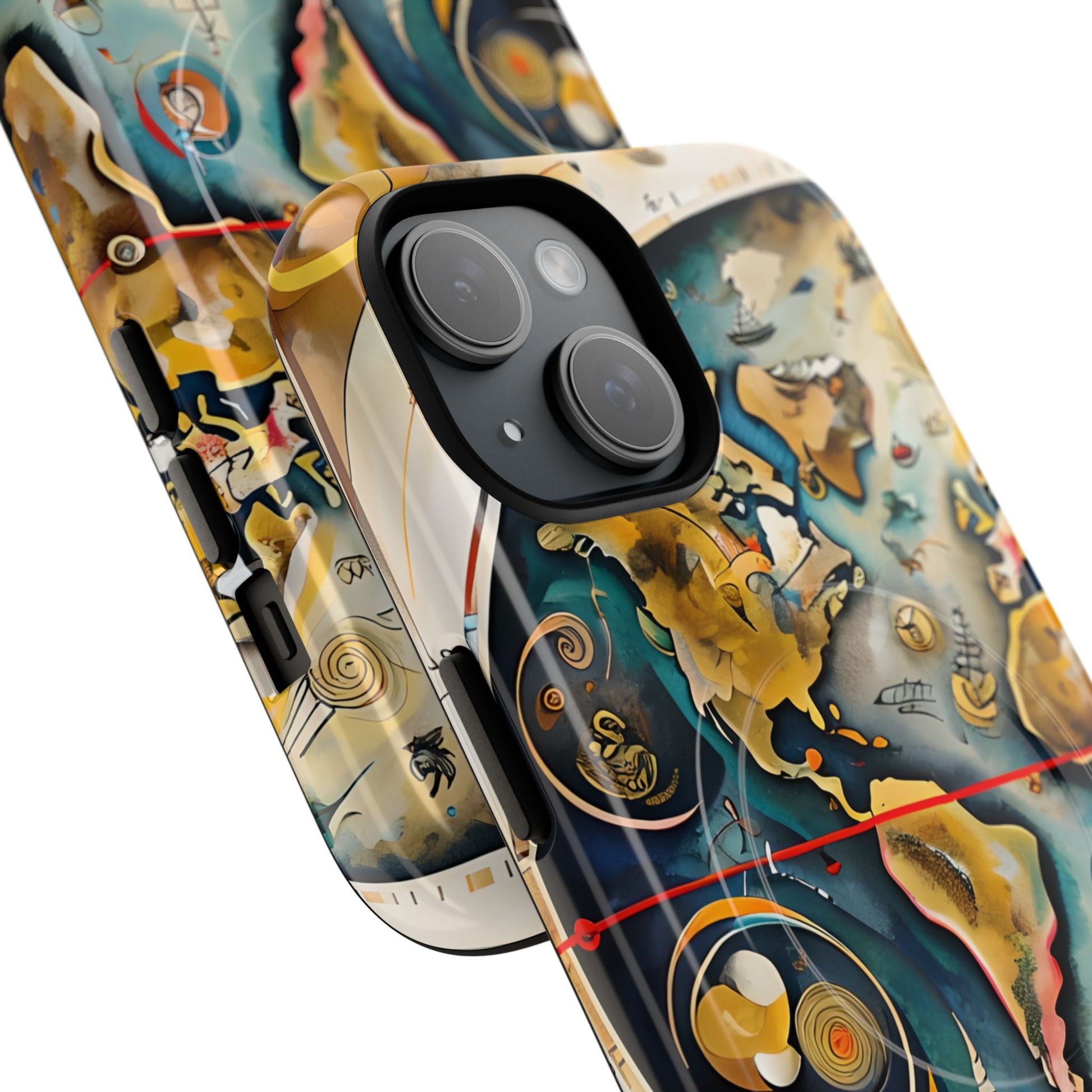 Celestial Map iPhone 15 MagSafe Phone Case -Vintage Nautical World Map, Artistic Blue & Gold