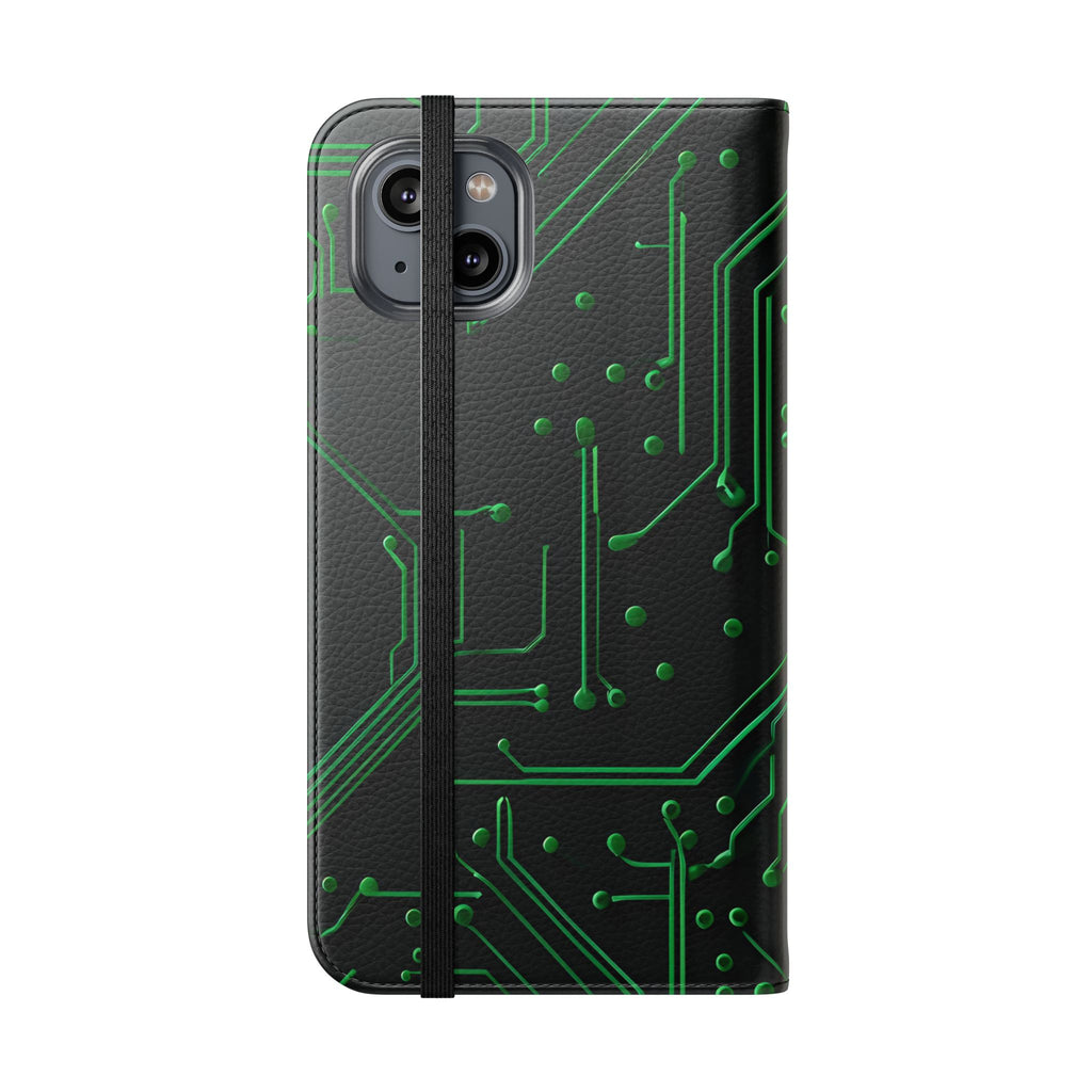 Green Circuit Grid Wallet Phone Case - Green & Black Computer Circuit Design - Flip Cover for iPhone 14 Plus