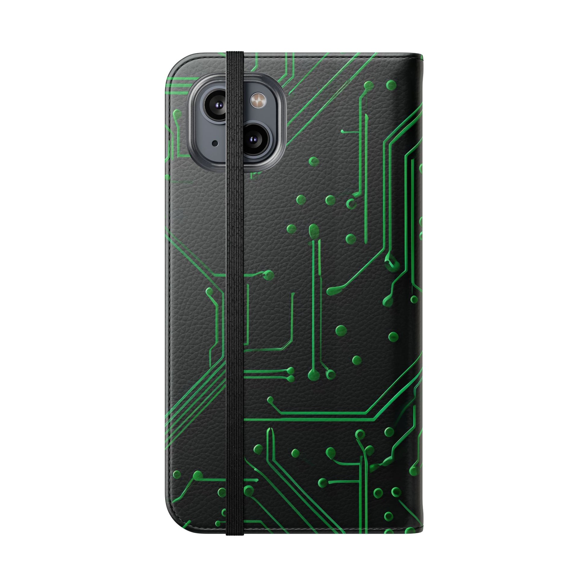 Green Circuit Grid Wallet Phone Case - Green & Black Computer Circuit Design - Flip Cover for iPhone 14 Plus
