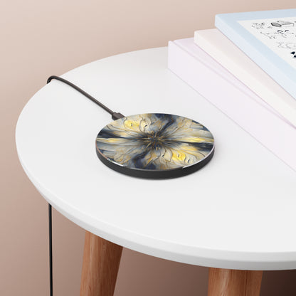 Luminous Petal abstract floral Qi wireless charger on bedside table with stacked books