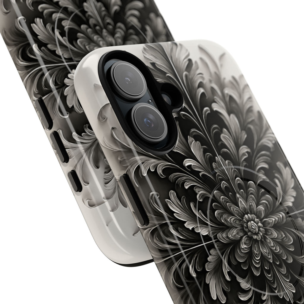 Obsidian Bloom - Elegant Black & White iPhone 16 Plus MagSafe Phone Case - Intricate Mandala Flower Design