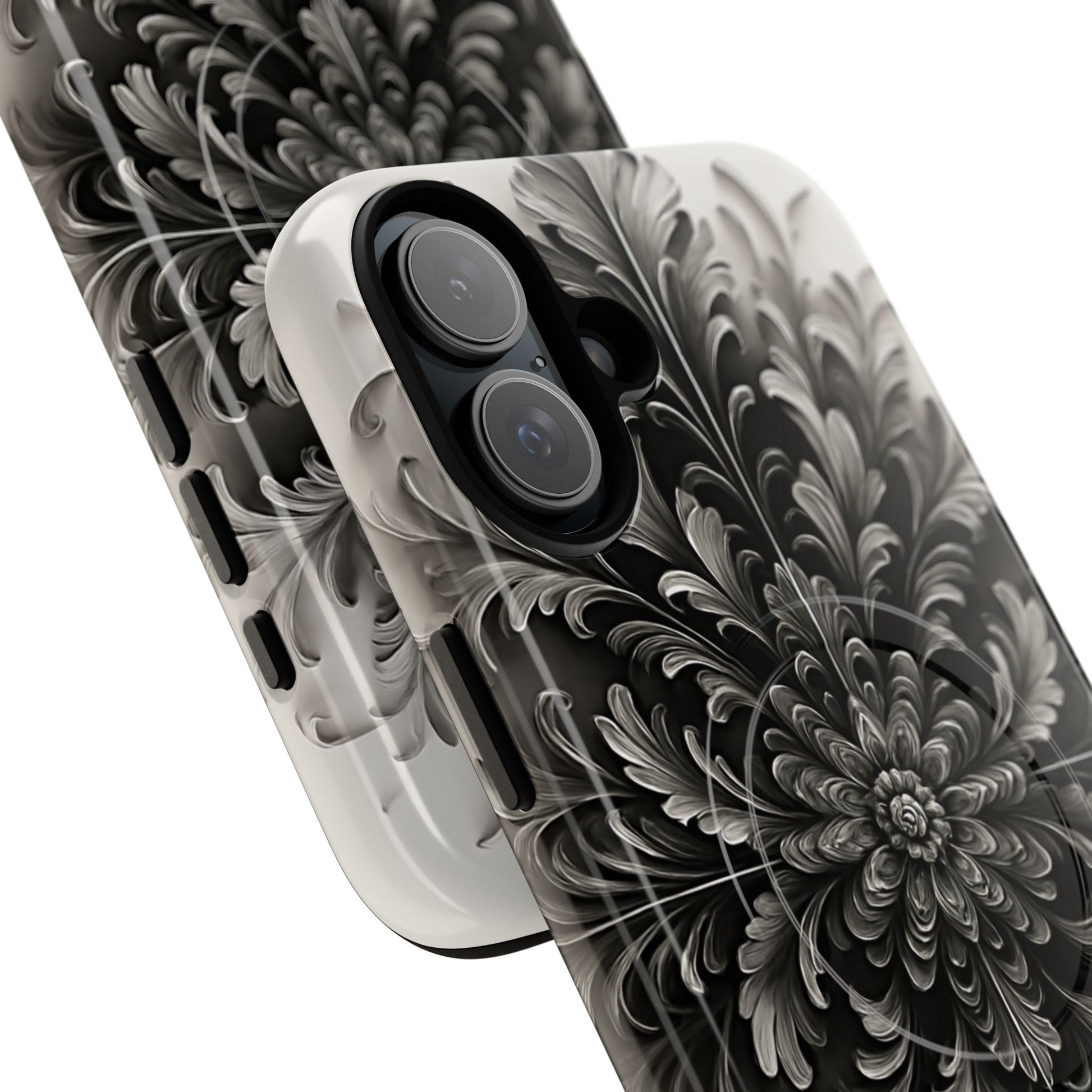 Obsidian Bloom - Elegant Black & White iPhone 16 Plus MagSafe Phone Case - Intricate Mandala Flower Design