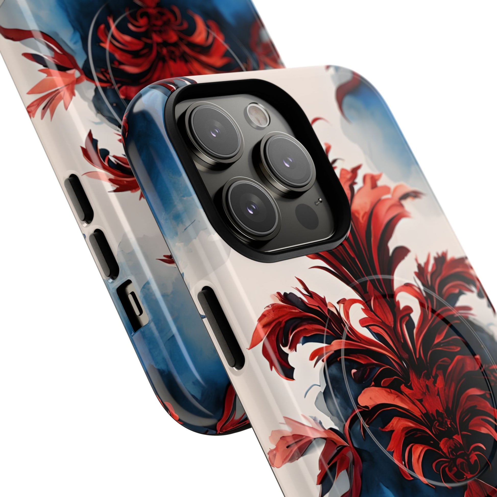 Crimson Plume - Bold Artistic Feather iPhone 14 Pro Max MagSafe Phone Case - Dramatic Red & Blue Design