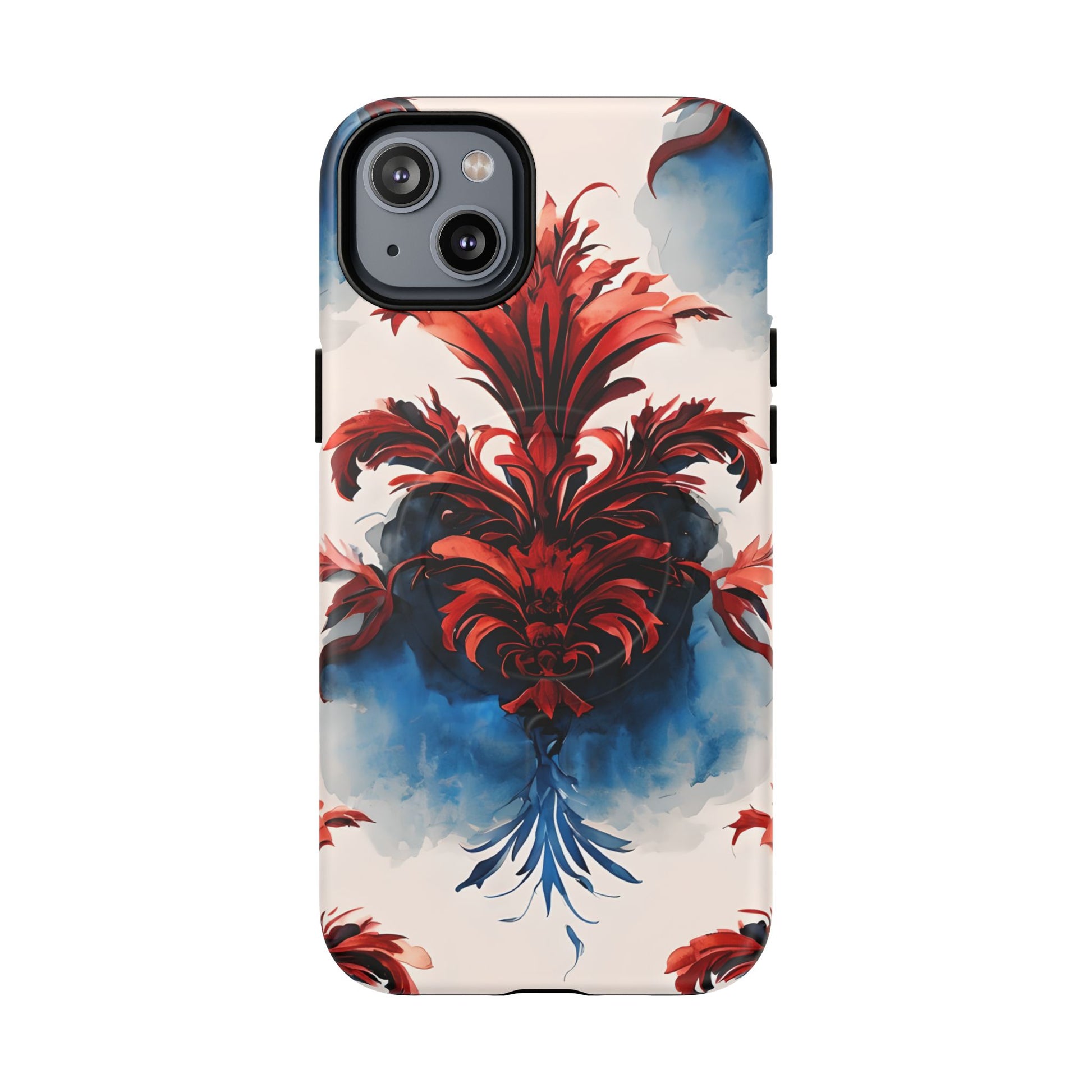 Crimson Plume - Bold Artistic Feather iPhone 14 Plus MagSafe Phone Case - Dramatic Red & Blue Design