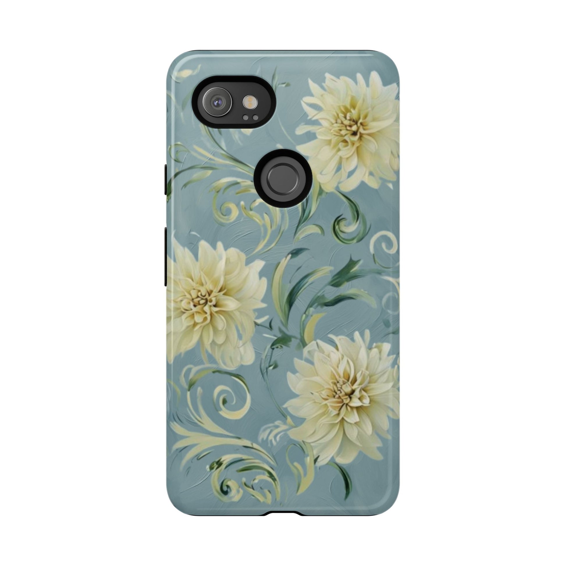 Golden Dahlia Trio - Elegant Floral Google Pixel 2XL Tough Phone Case - Artistic White & Blue Dahlia Design