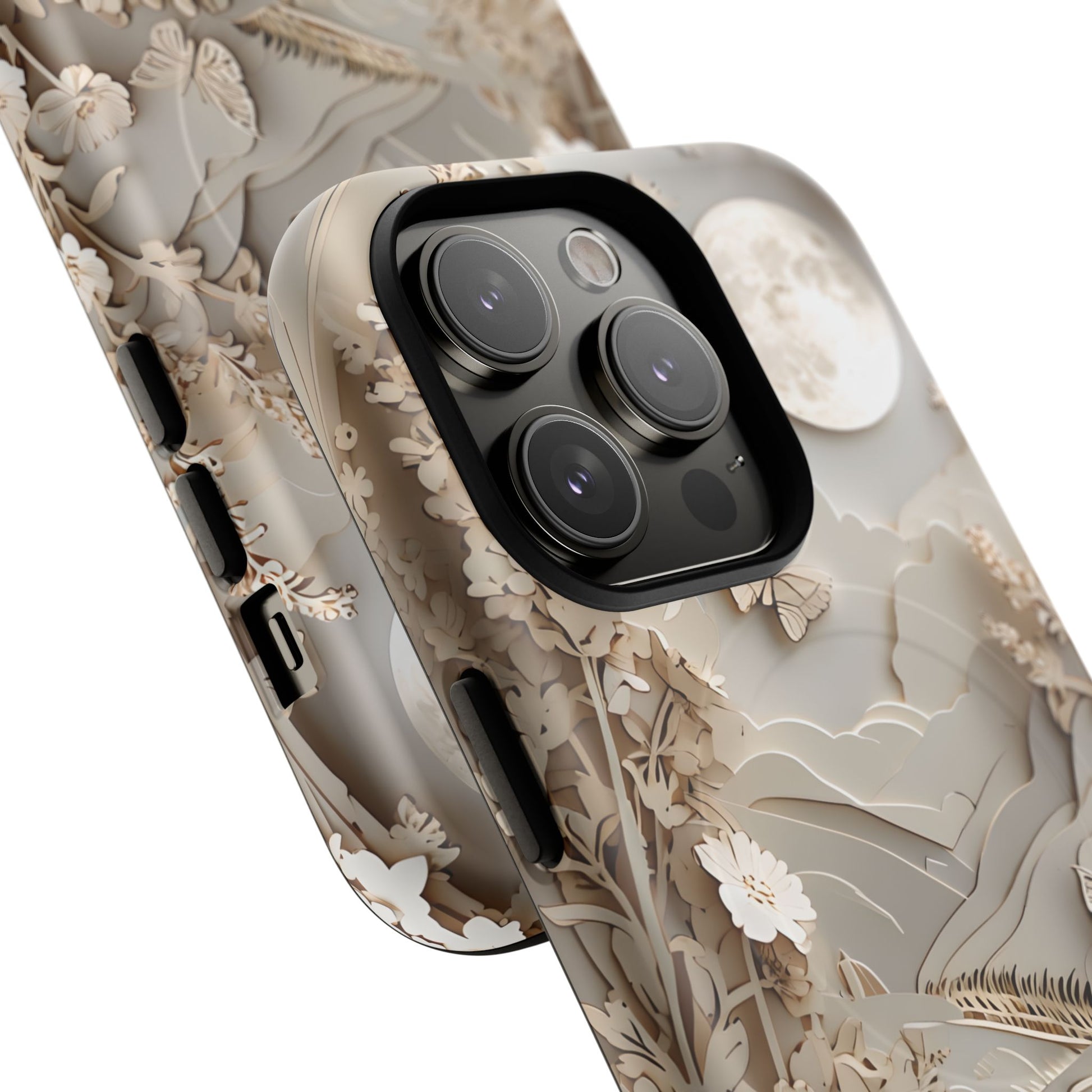 Moonlit Garden - Elegant Neutral Floral iPhone 14 Pro MagSafe Phone Case - Painterly Botanical & Moon Design